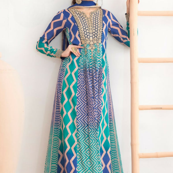 Anaita Blue Chinon Stitched Anarkali Suits With Embroidery & Sequence Work - Distacart