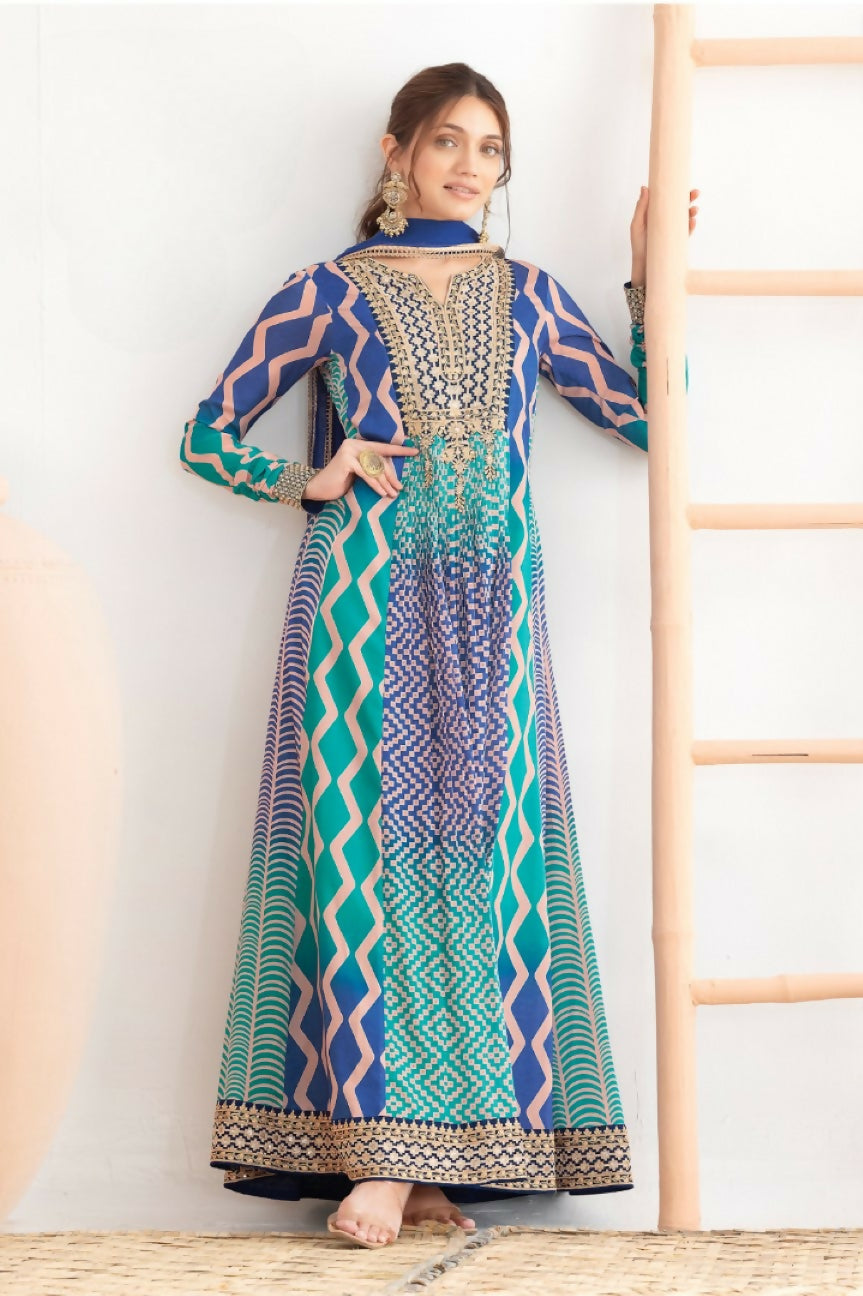 Anaita Blue Chinon Stitched Anarkali Suits With Embroidery & Sequence Work - Distacart