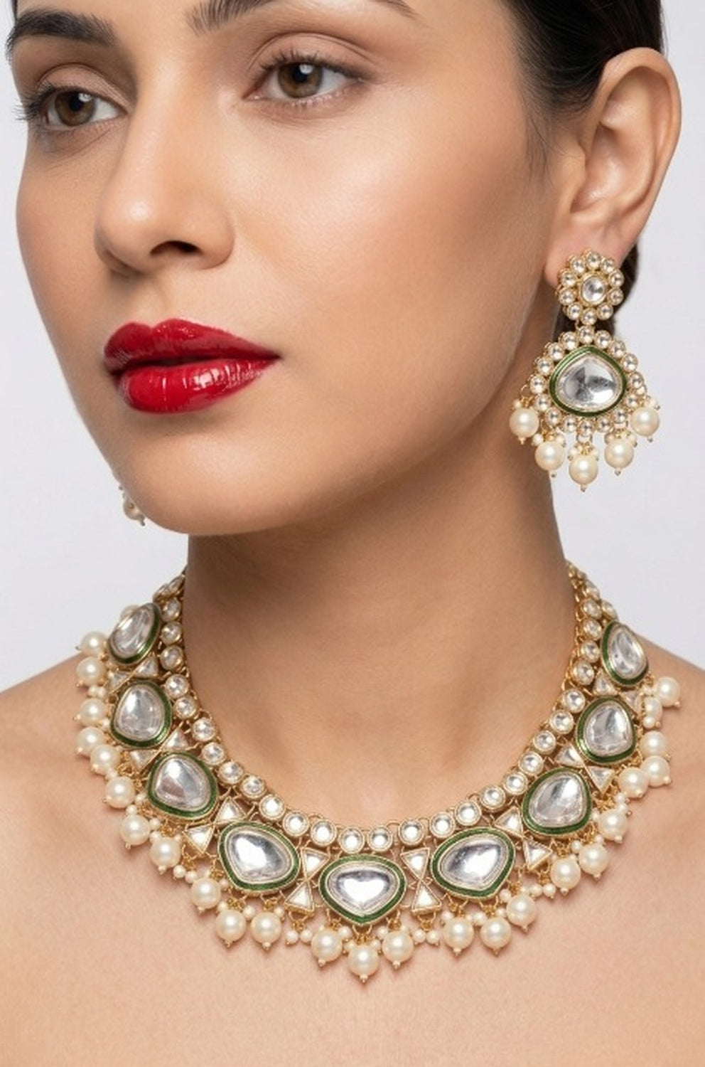 Jewel City Kundan Polki Choker Necklace Set with Earrings & Maang Tikka, Gold Plated
