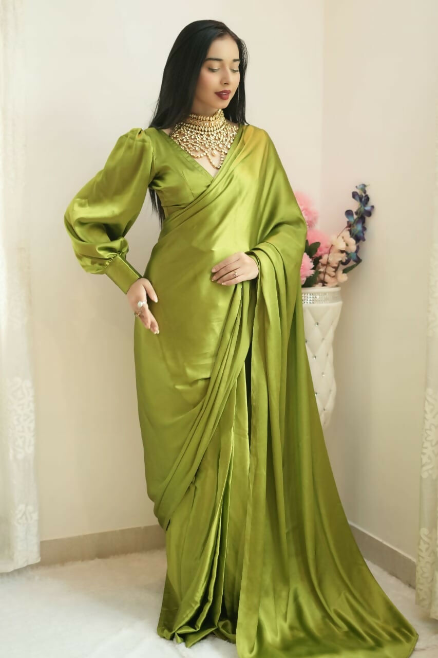 Malishka Satin Silk Solid Ready To Wear Saree With Blouse Piece - Green - Distacart