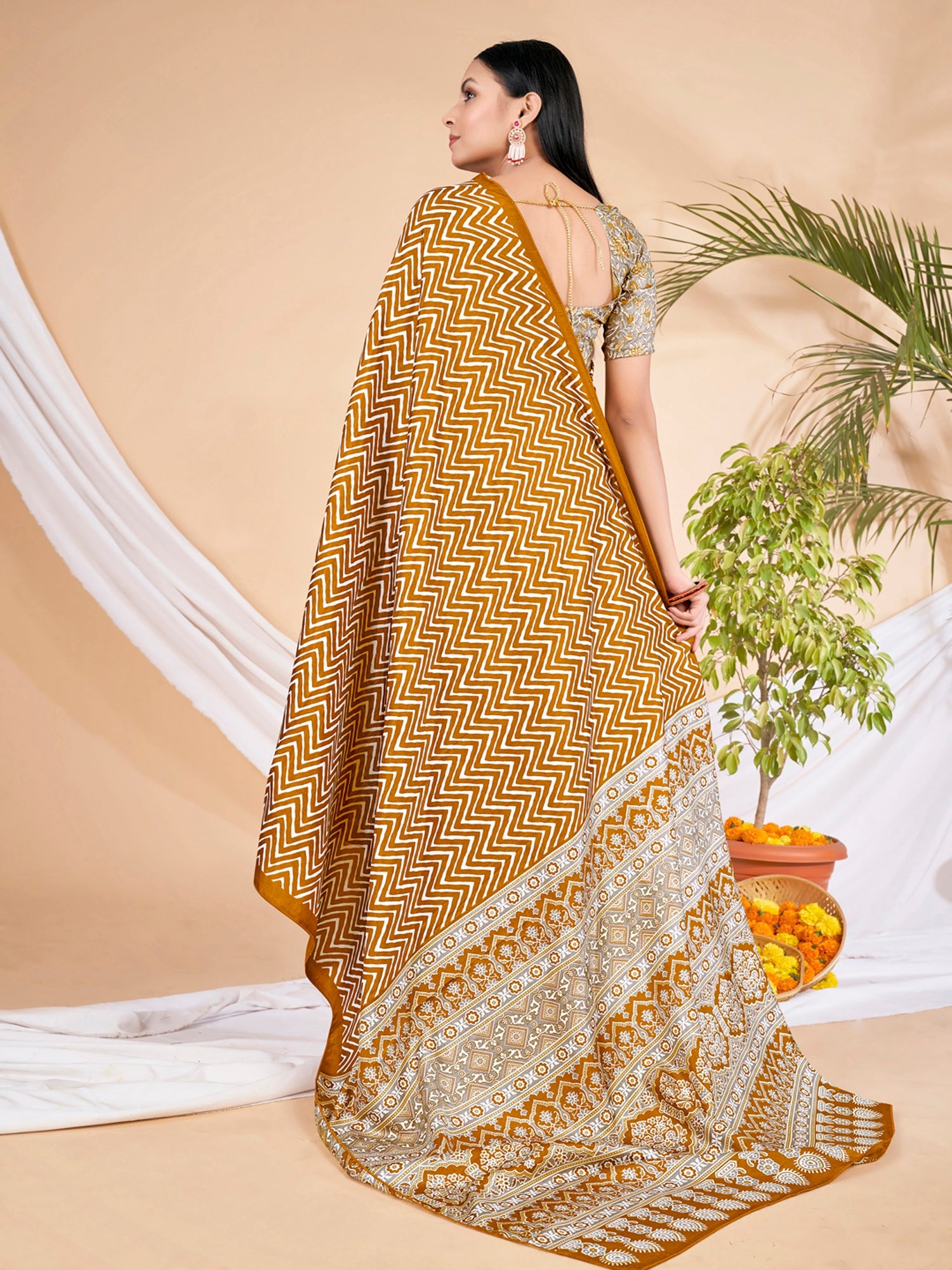 NOZ2TOZ Women's Dola Silk Mustard Printed Designer Saree With Blouse Piece - Distacart