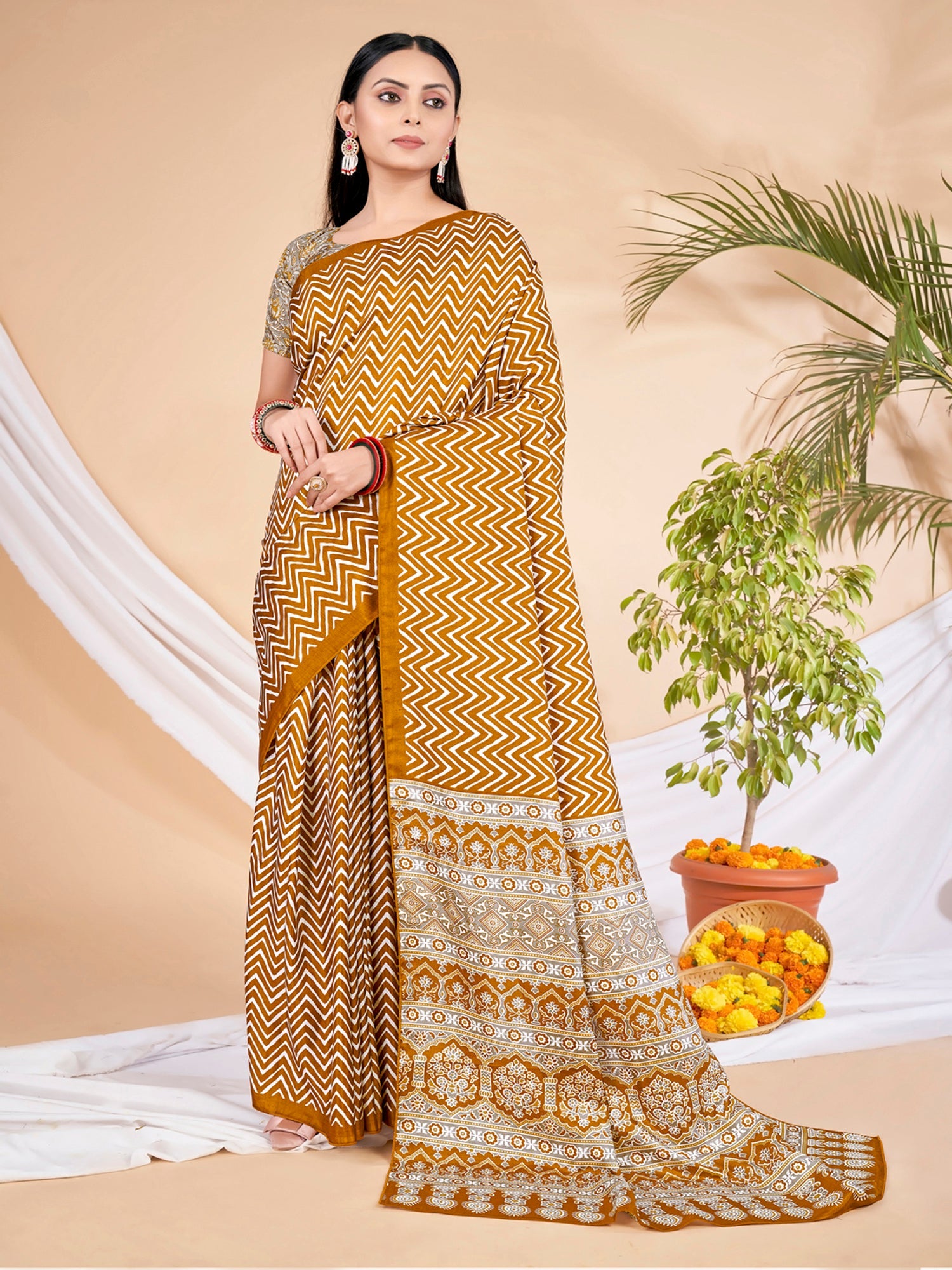 NOZ2TOZ Women's Dola Silk Mustard Printed Designer Saree With Blouse Piece - Distacart