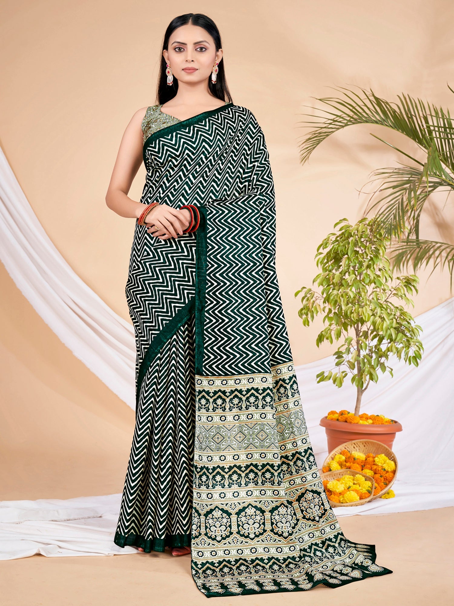 NOZ2TOZ Women's Dola Silk Dark Green Printed Designer Saree With Blouse Piece - Distacart