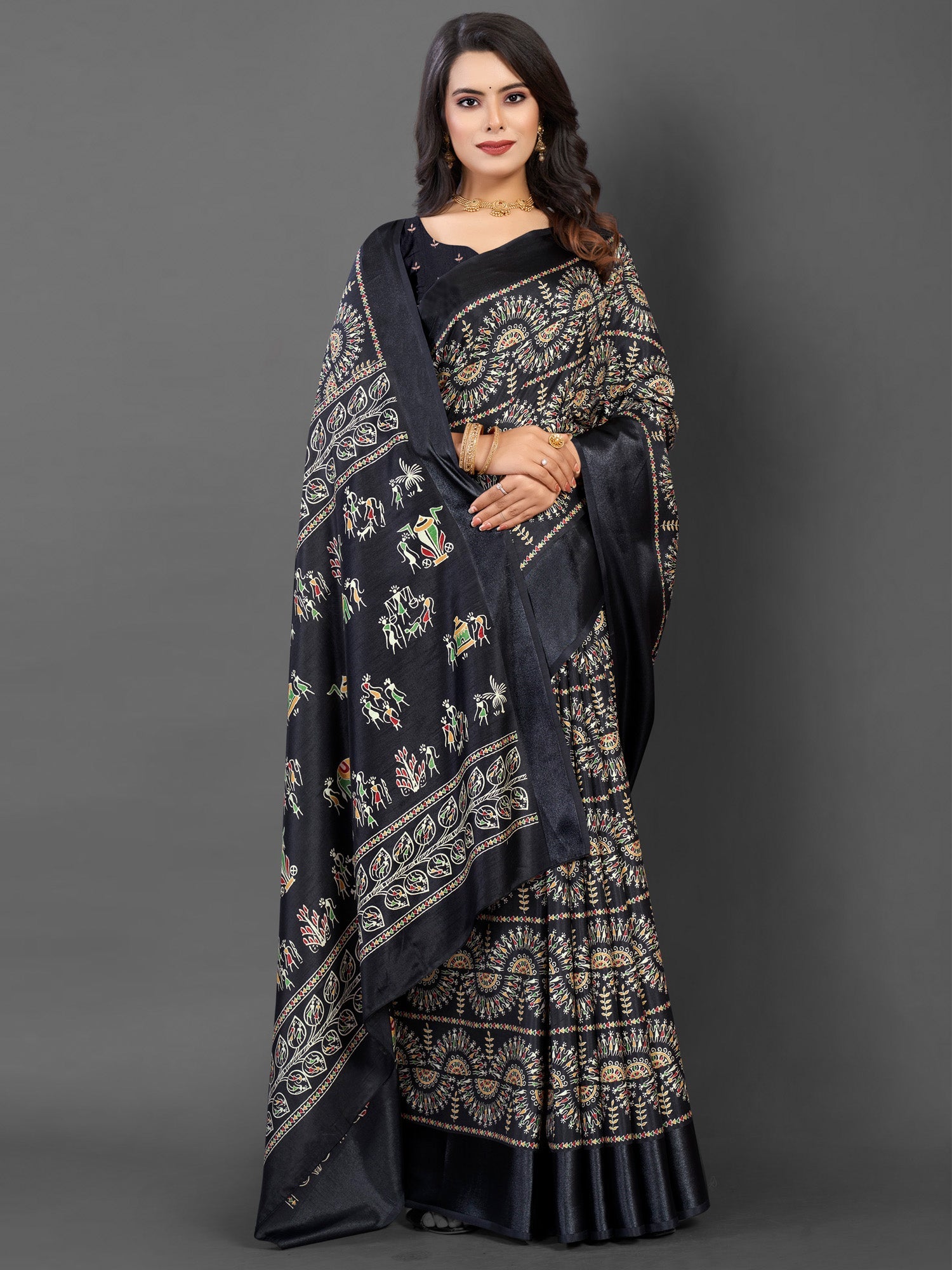 NOZ2TOZ Women's Dola Silk Black Printed Designer Saree With Blouse Piece - Distacart