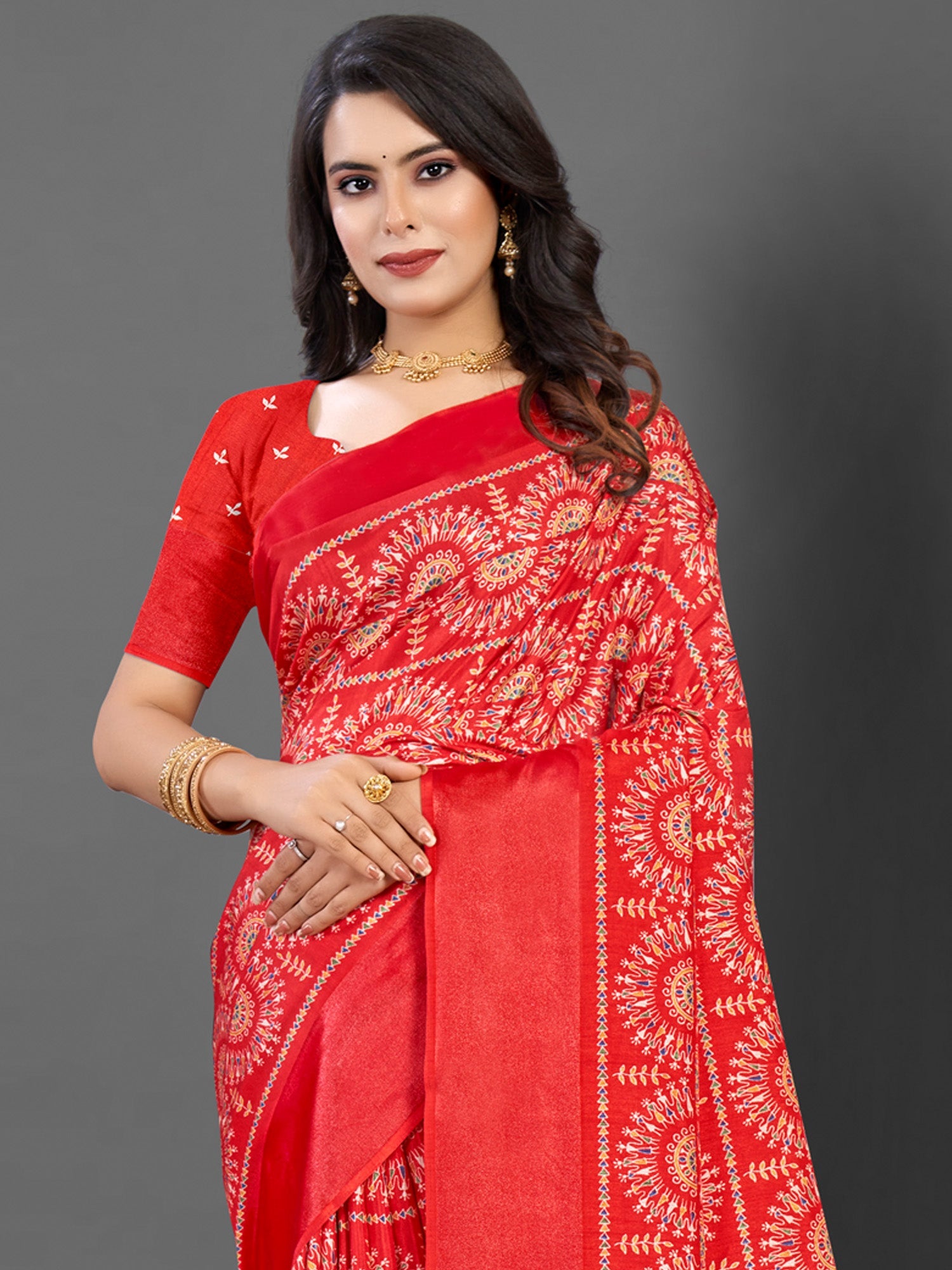 NOZ2TOZ Women's Dola Silk Red Printed Designer Saree With Blouse Piece - Distacart