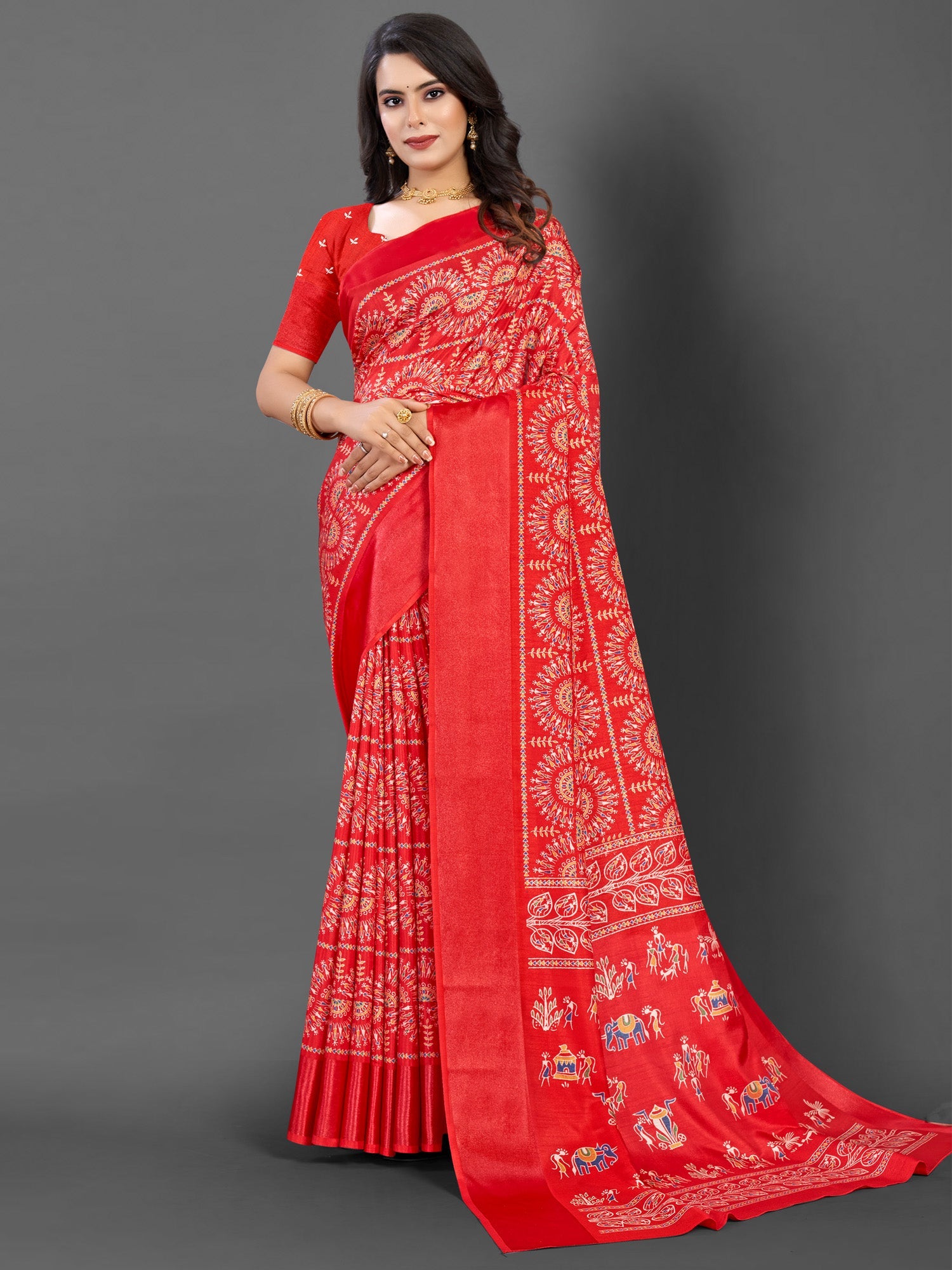 NOZ2TOZ Women's Dola Silk Red Printed Designer Saree With Blouse Piece - Distacart