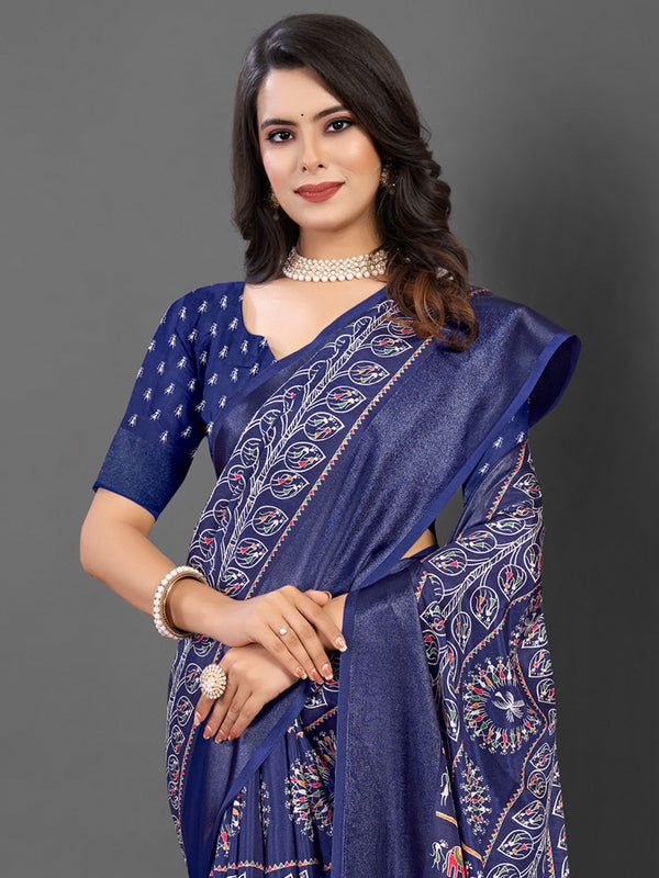 NOZ2TOZ Women's Dola Silk Navy Blue Printed Designer Saree With Blouse Piece - Distacart