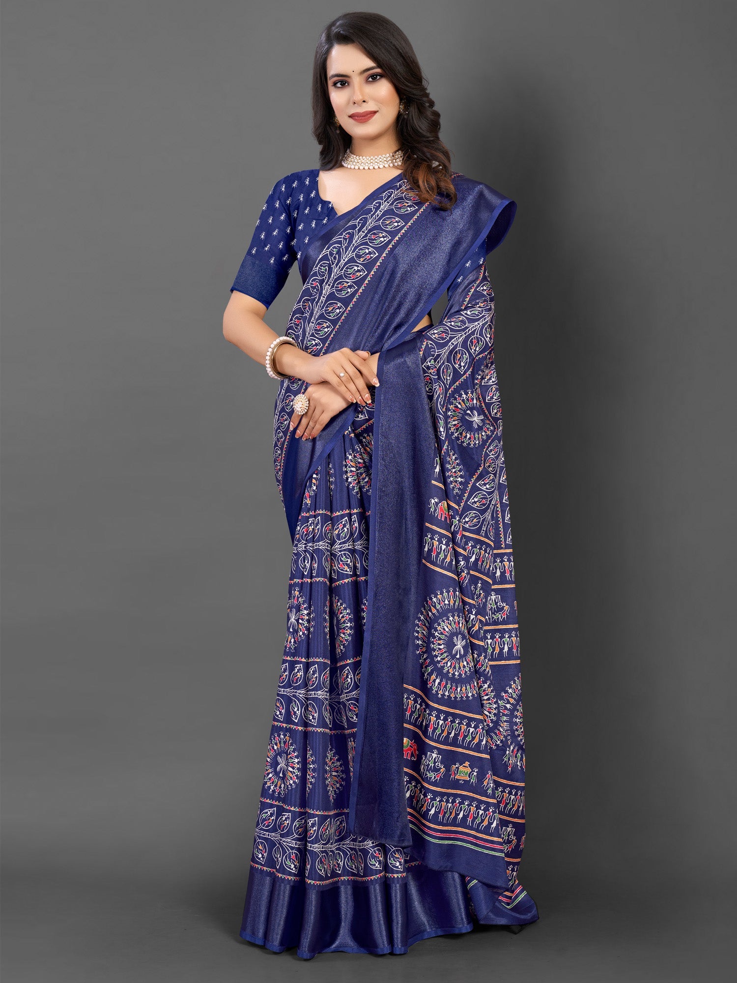 NOZ2TOZ Women's Dola Silk Navy Blue Printed Designer Saree With Blouse Piece - Distacart