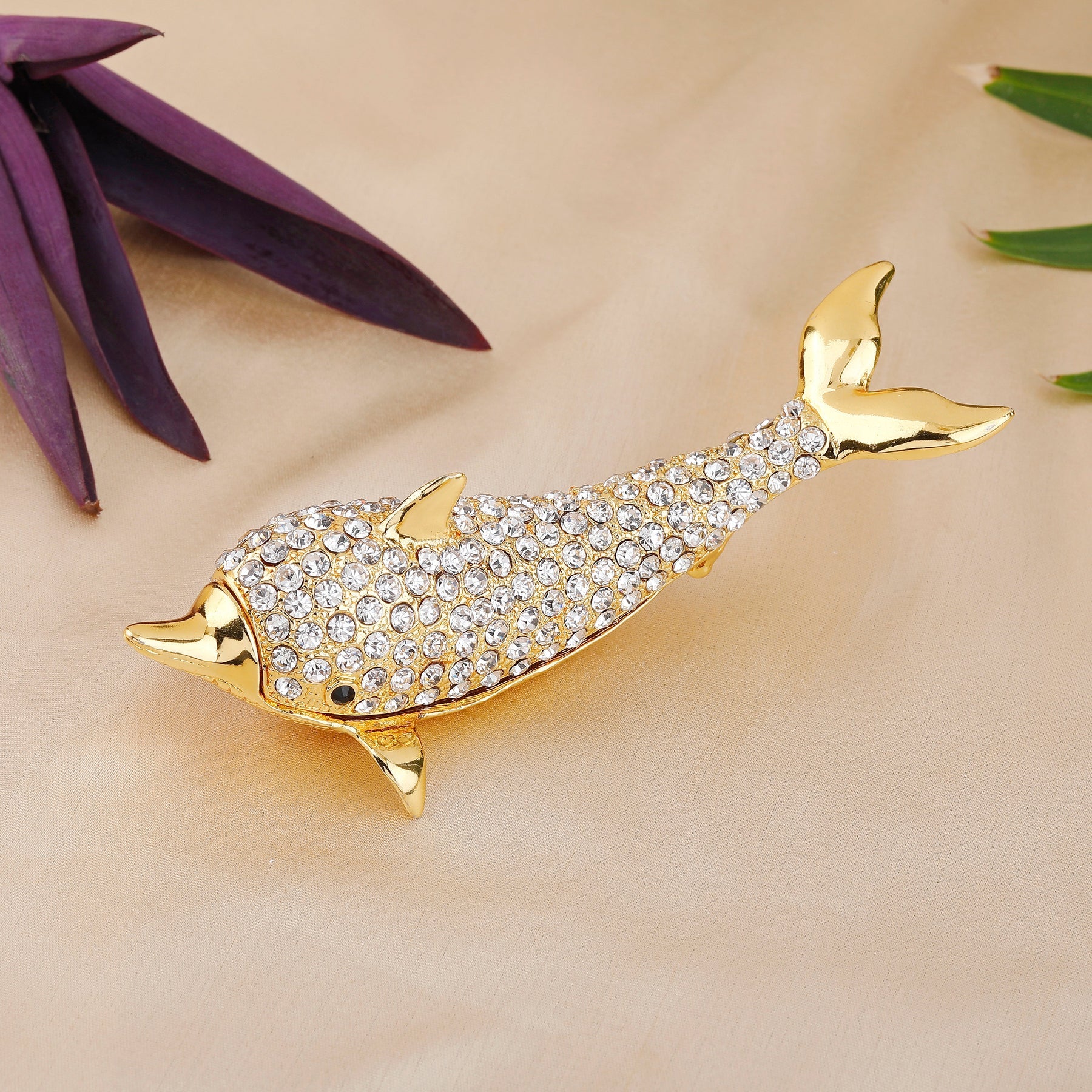 Estele Gold-Polished Marvelous Dolphin Idol with White Austrian Crystals for Home/Car Decor - Distacart