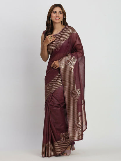 Shree Shyam Fashion Linen Cotton Purple Saree - Distacart