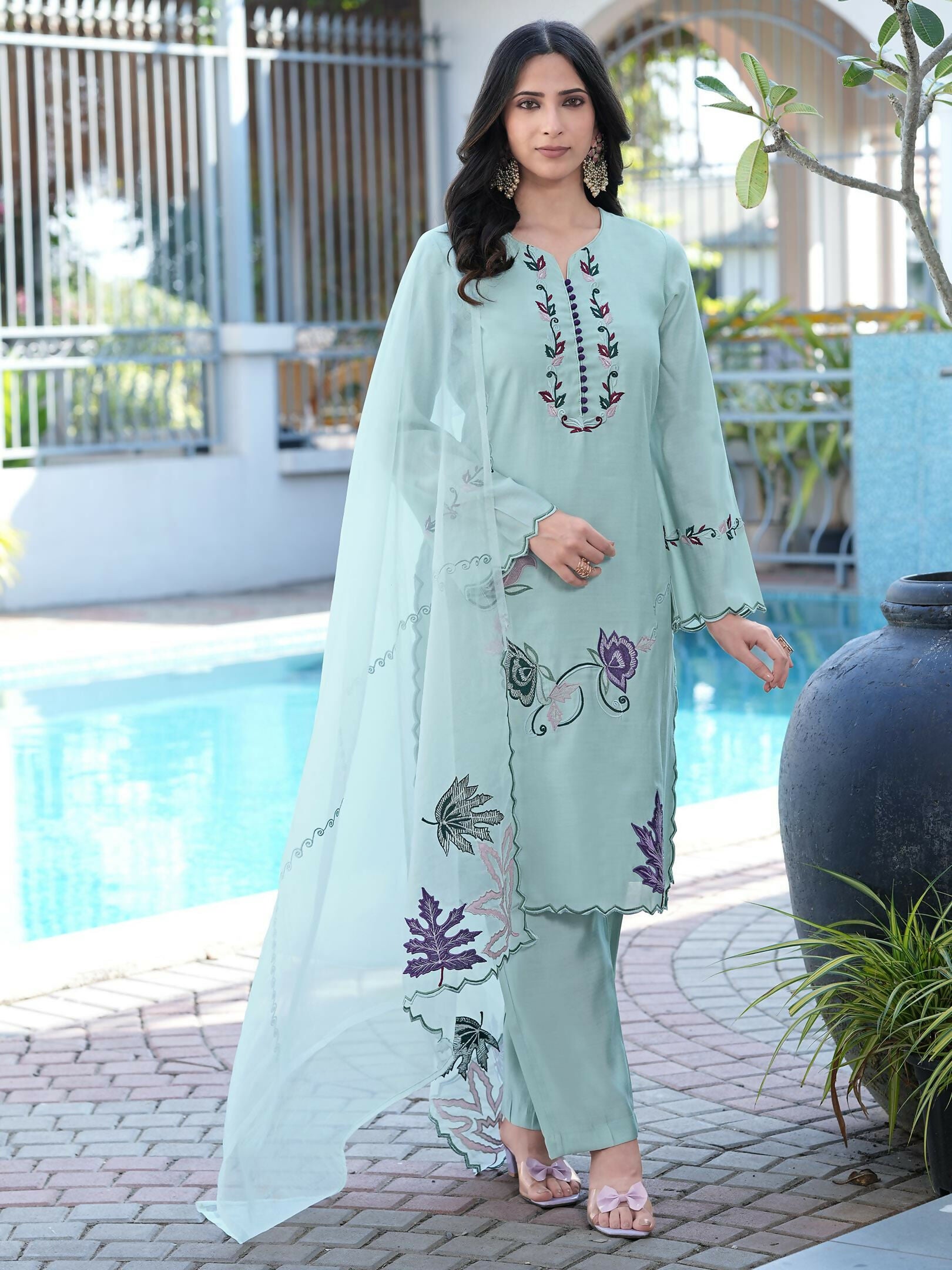 Nikhaar Sea Green Embroidered Art Silk Stitched Straight Cut Kurta Pants Dupatta Readymade Suit - Dista