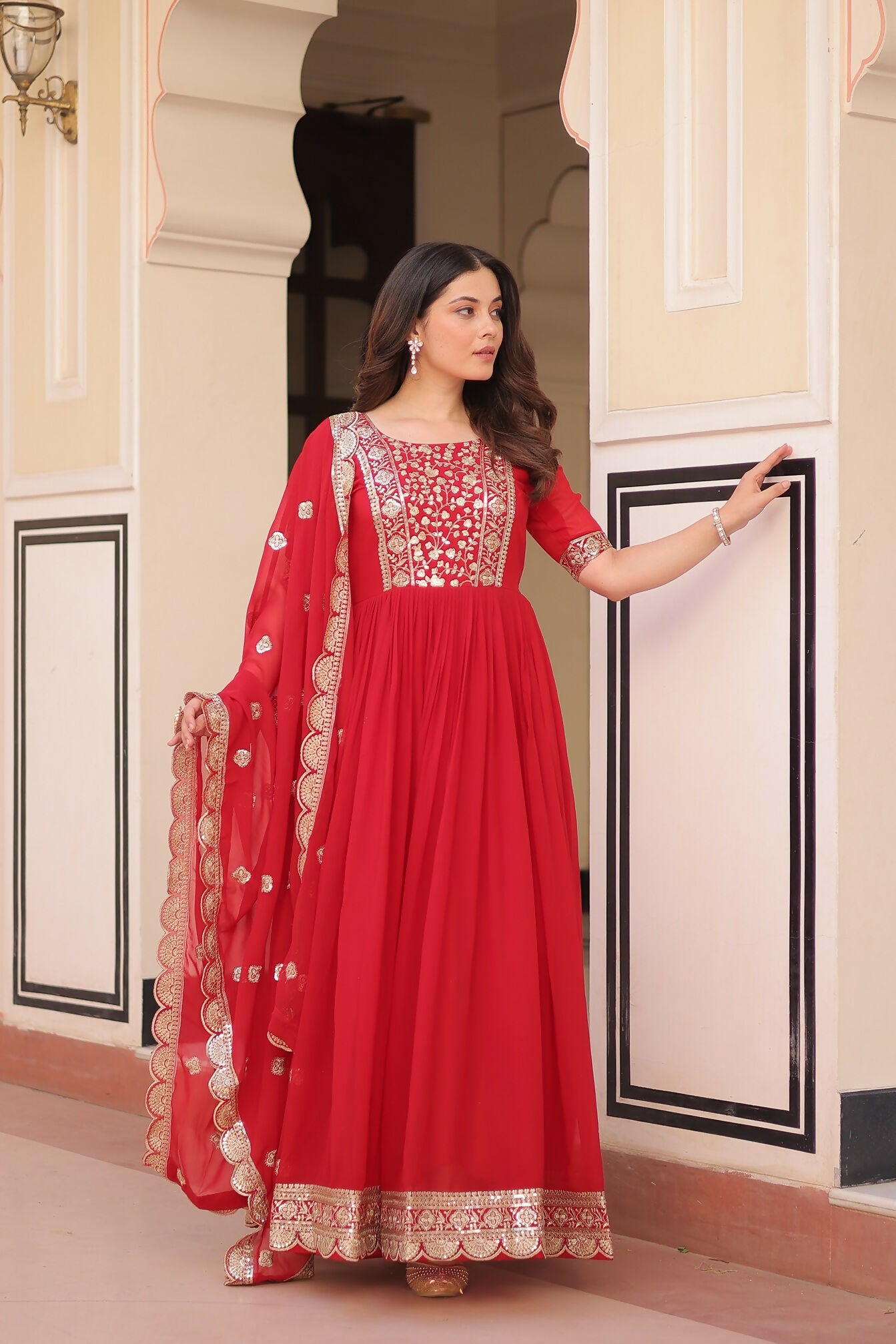 Joban Fashion Red Georgette Sequence Embroidery Work Kurta Set