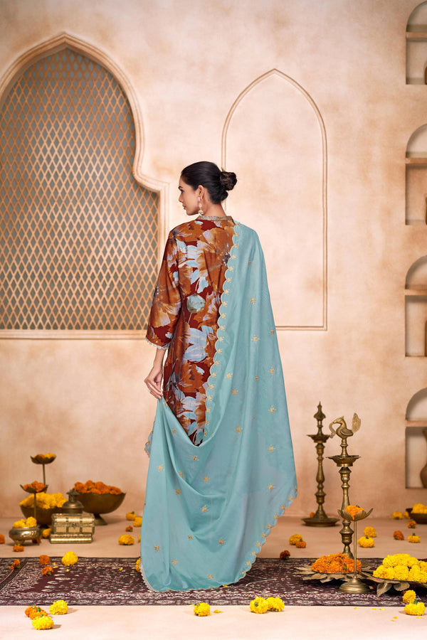 BulBul Shehnaaz Rust Hand Work Kurta Set With Dupatta
