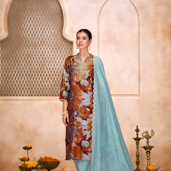 BulBul Shehnaaz Rust Hand Work Kurta Set With Dupatta