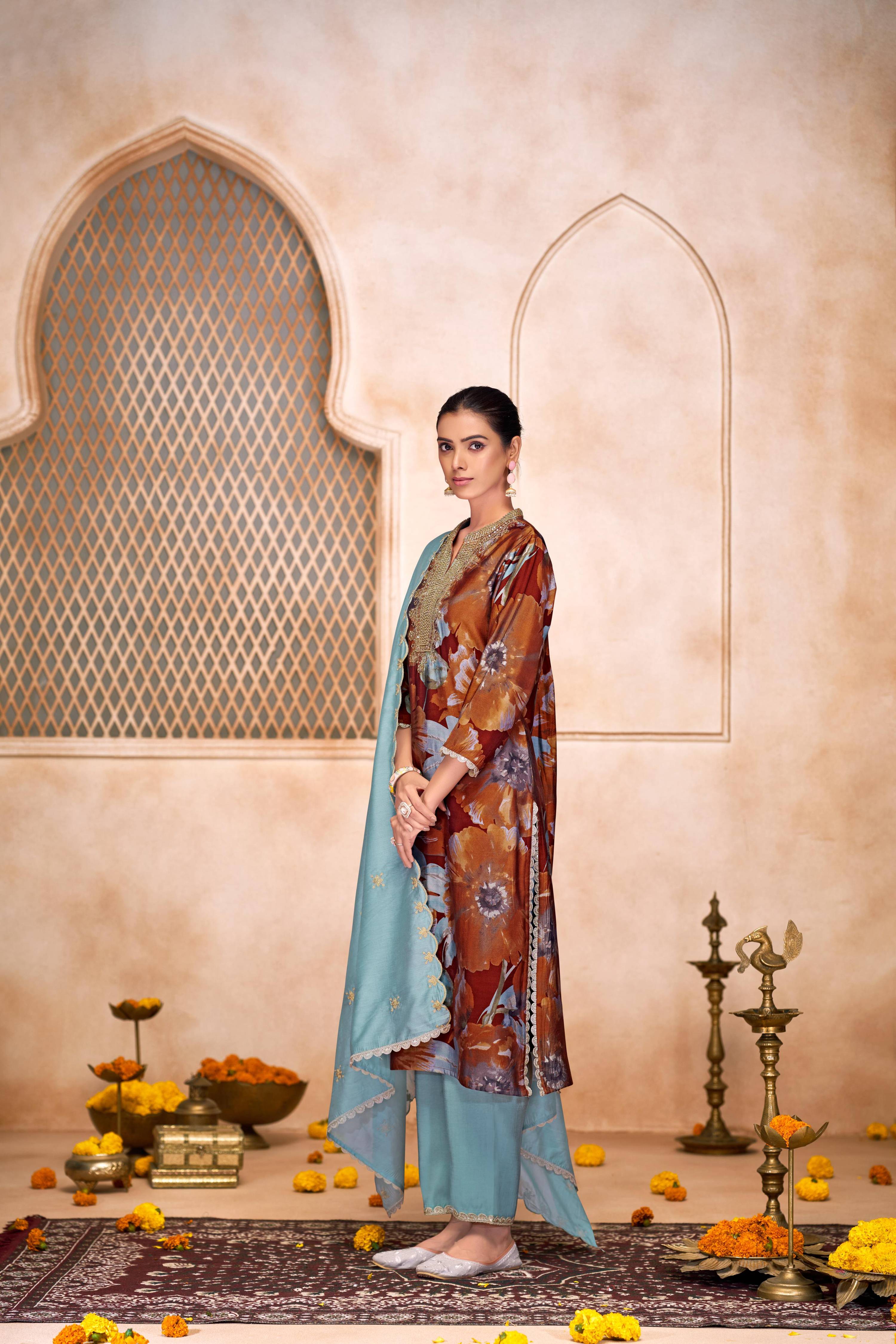 BulBul Shehnaaz Rust Hand Work Kurta Set With Dupatta