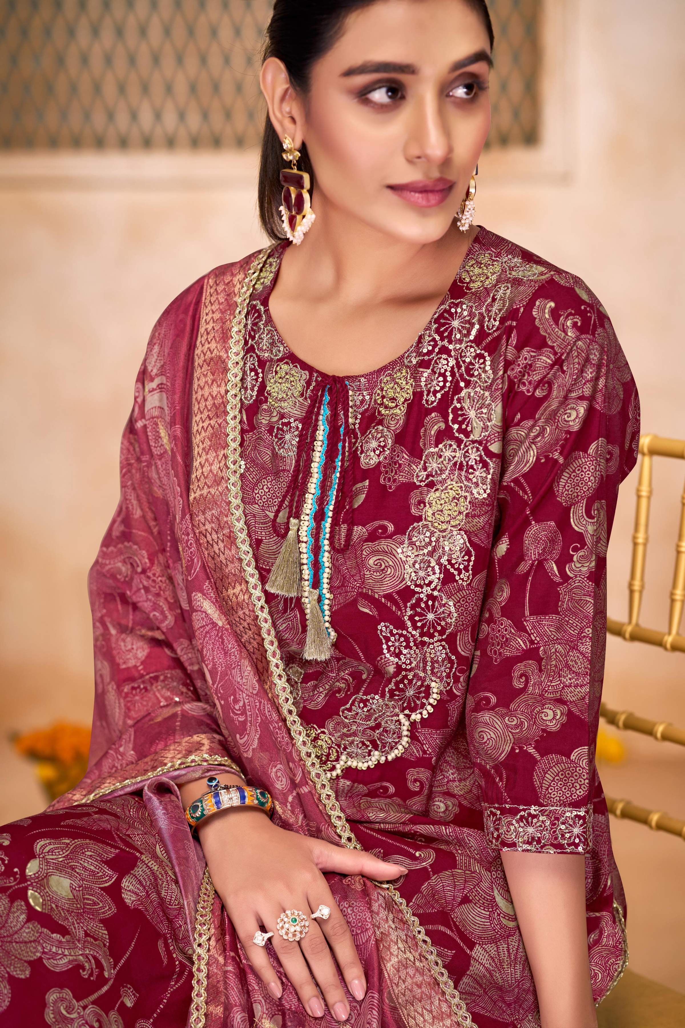 BulBul Shehnaaz Maroon Hand Work Kurta Set With Dupatta