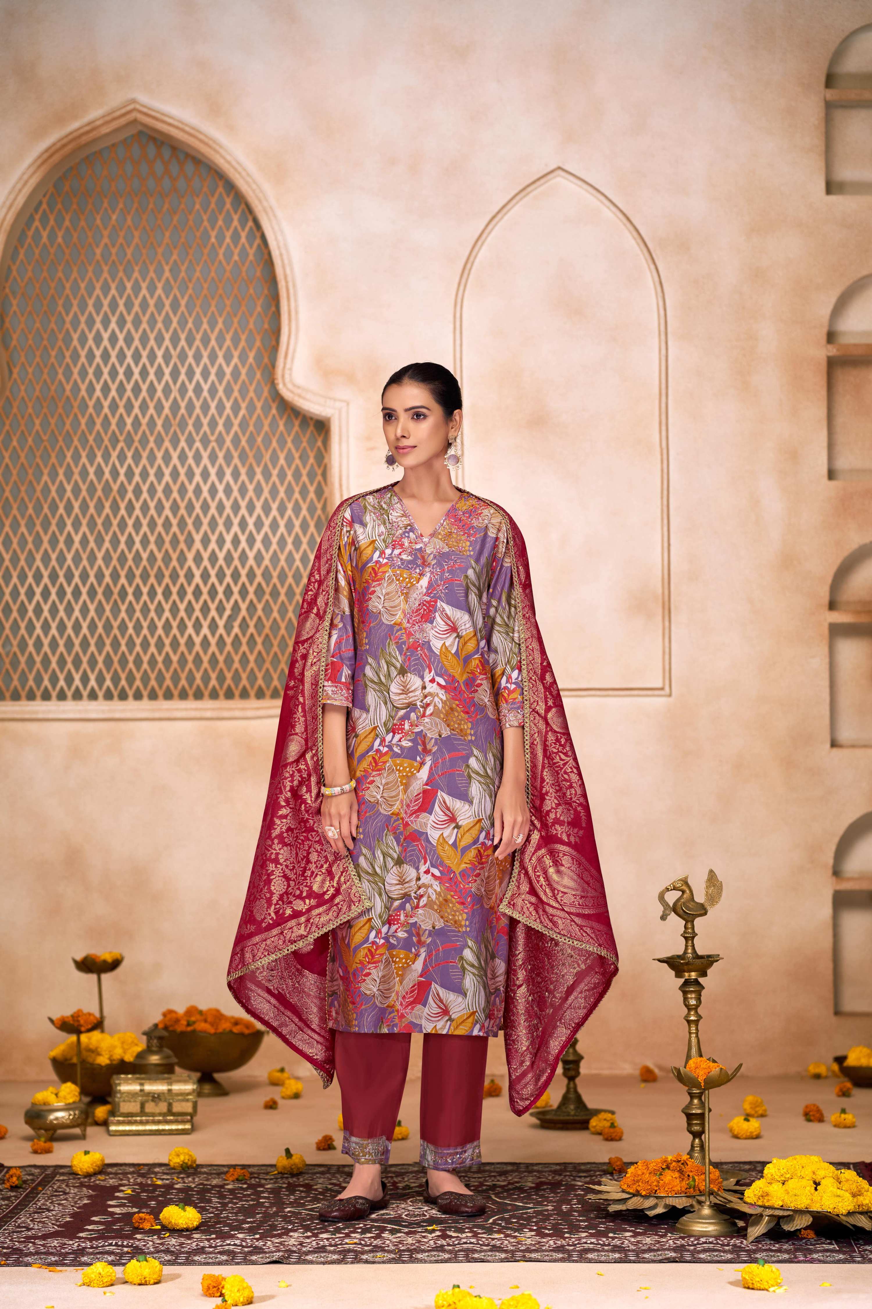 BulBul Shehnaaz Purple Floral Leaf Printed Kurta Set With Dupatta