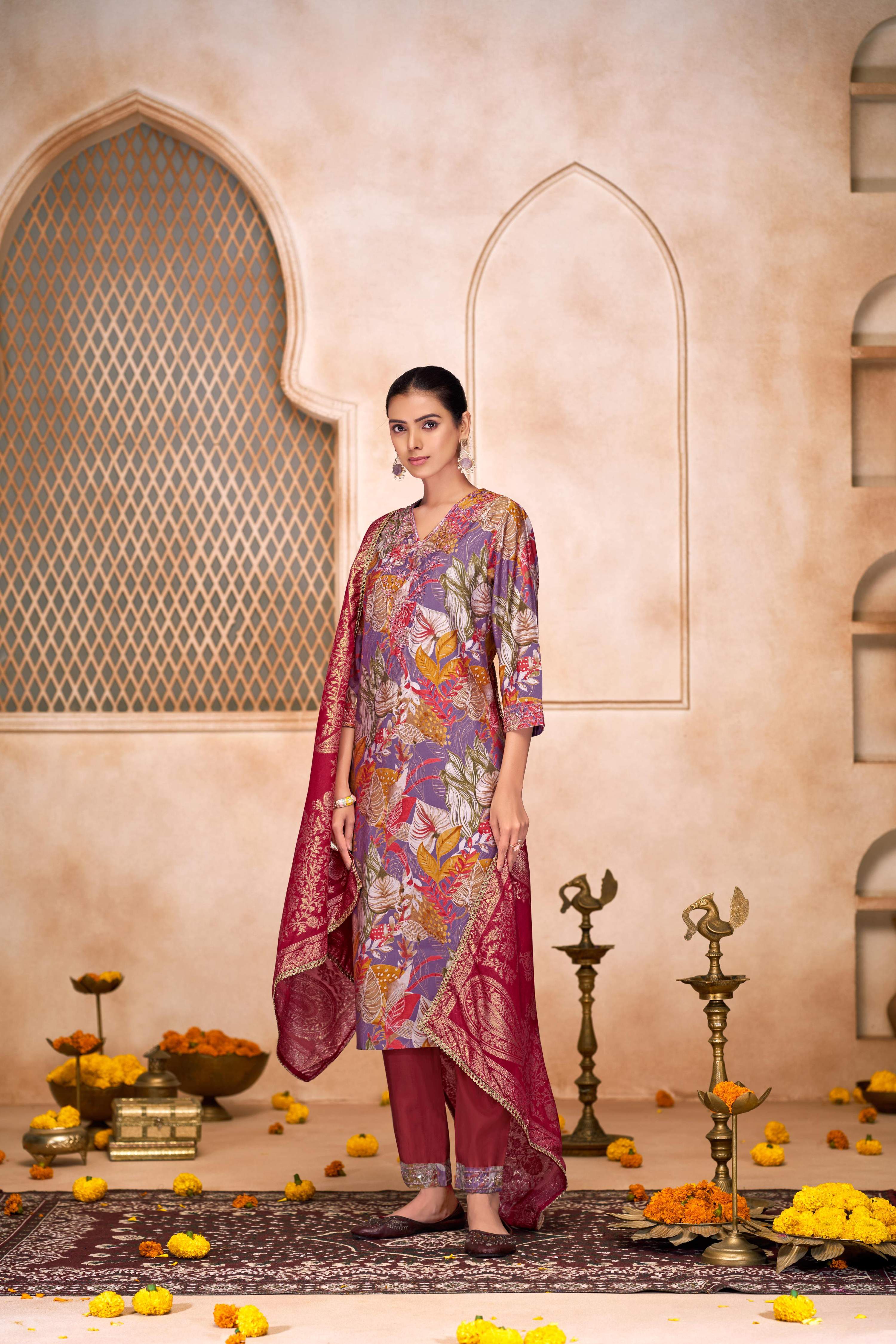 BulBul Shehnaaz Purple Floral Leaf Printed Kurta Set With Dupatta