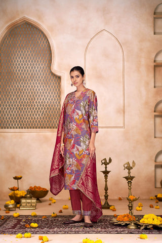 BulBul Shehnaaz Purple Floral Leaf Printed Kurta Set With Dupatta