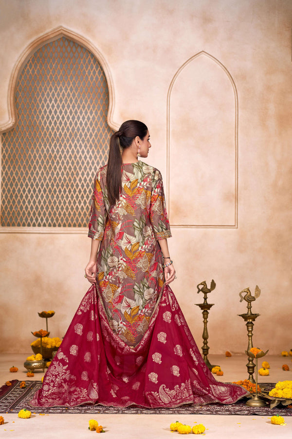 BulBul Shehnaaz Brown Floral Leaf Printed Kurta Set With Dupatta