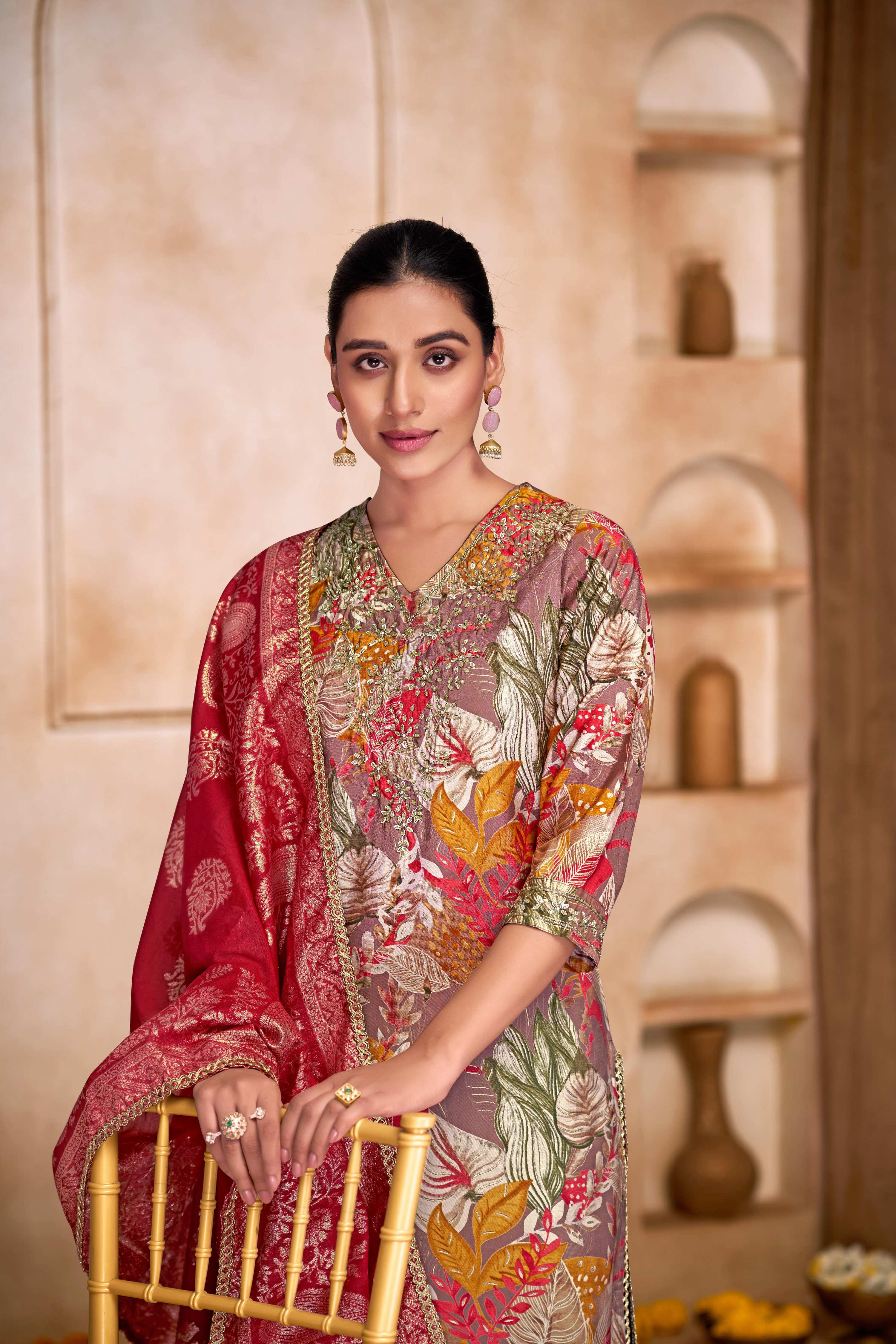 BulBul Shehnaaz Brown Floral Leaf Printed Kurta Set With Dupatta