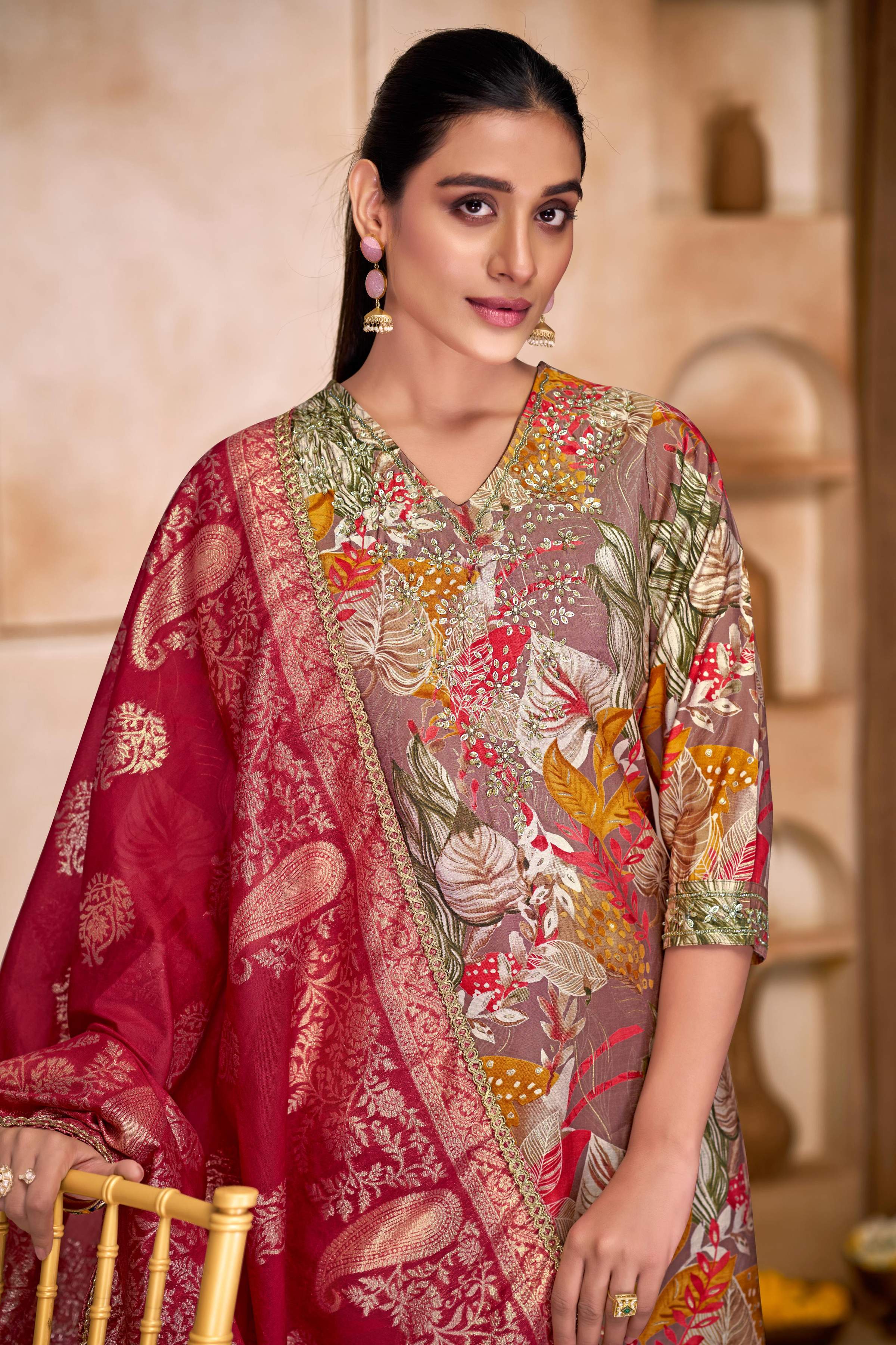 BulBul Shehnaaz Brown Floral Leaf Printed Kurta Set With Dupatta