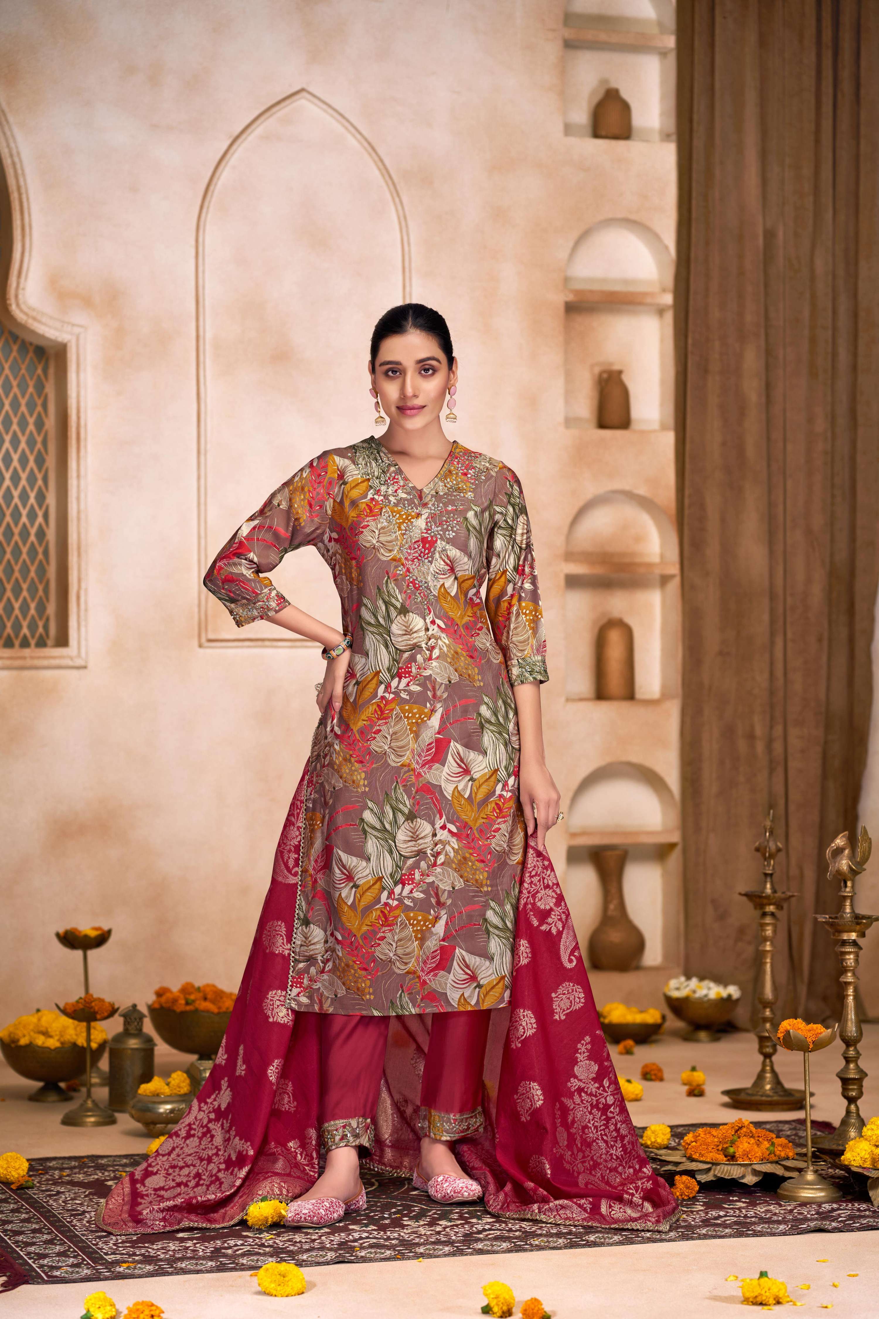 BulBul Shehnaaz Brown Floral Leaf Printed Kurta Set With Dupatta