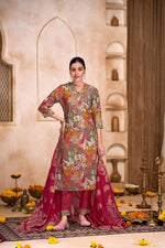 Thumbnail for BulBul Shehnaaz Brown Floral Leaf Printed Kurta Set With Dupatta
