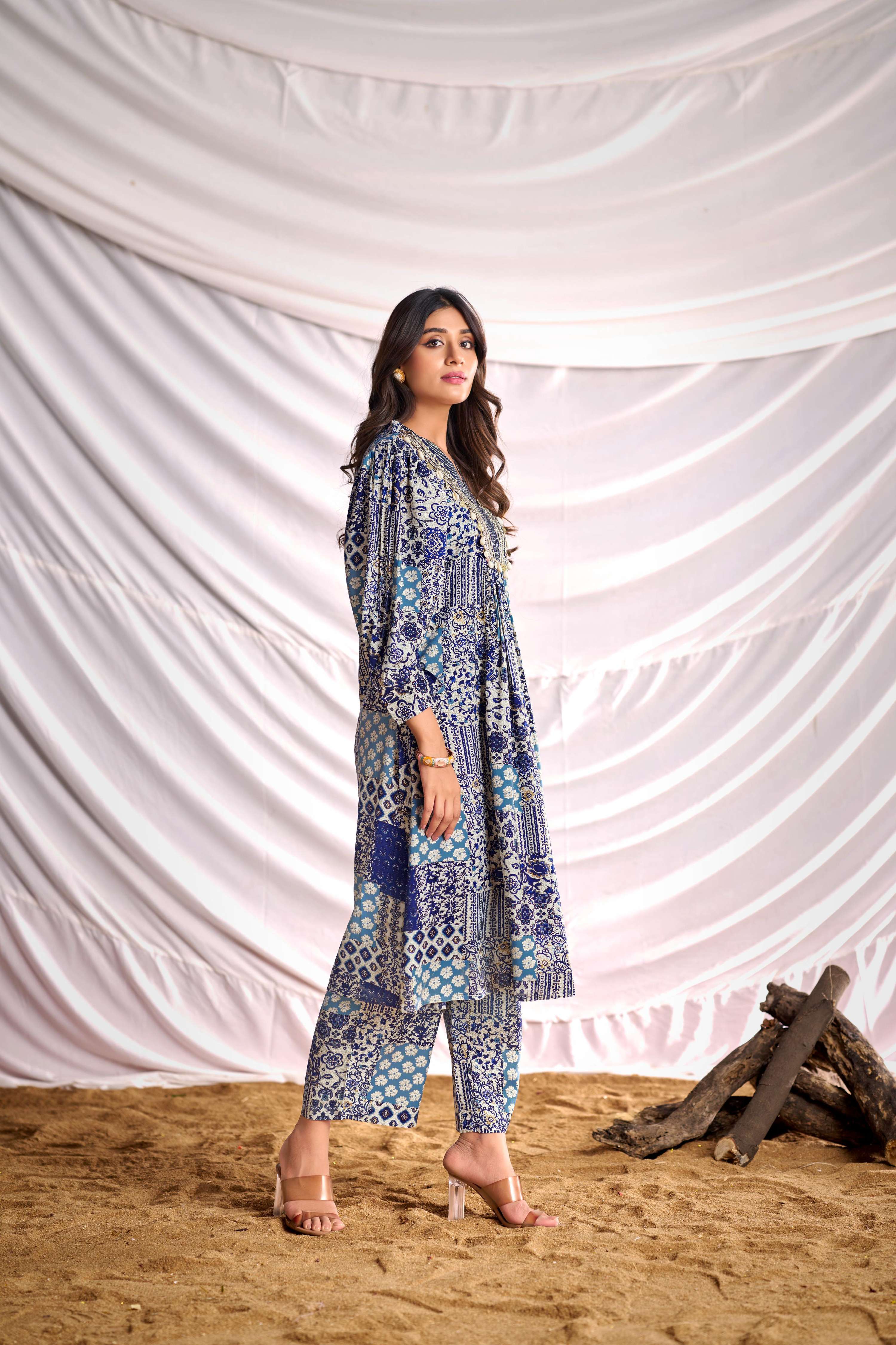 BulBul Women Blue and Cream Mixed Pattern Digital Printed Co-ord Set