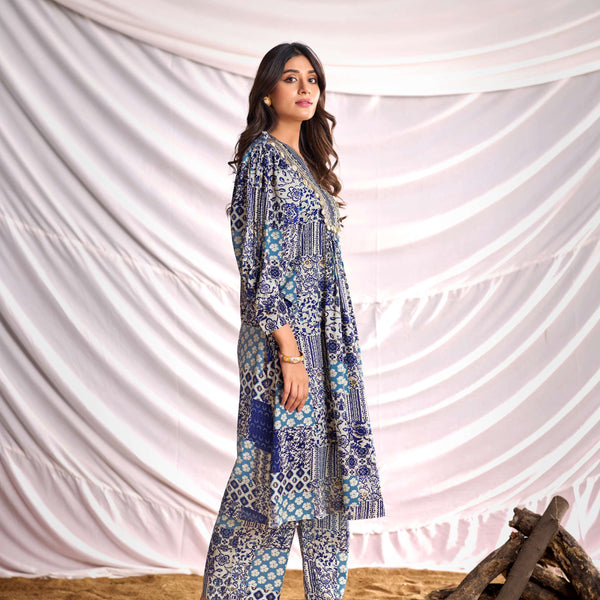 BulBul Women Blue and Cream Mixed Pattern Digital Printed Co-ord Set