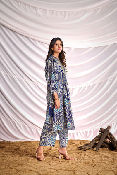 BulBul Women Blue and Cream Mixed Pattern Digital Printed Co-ord Set