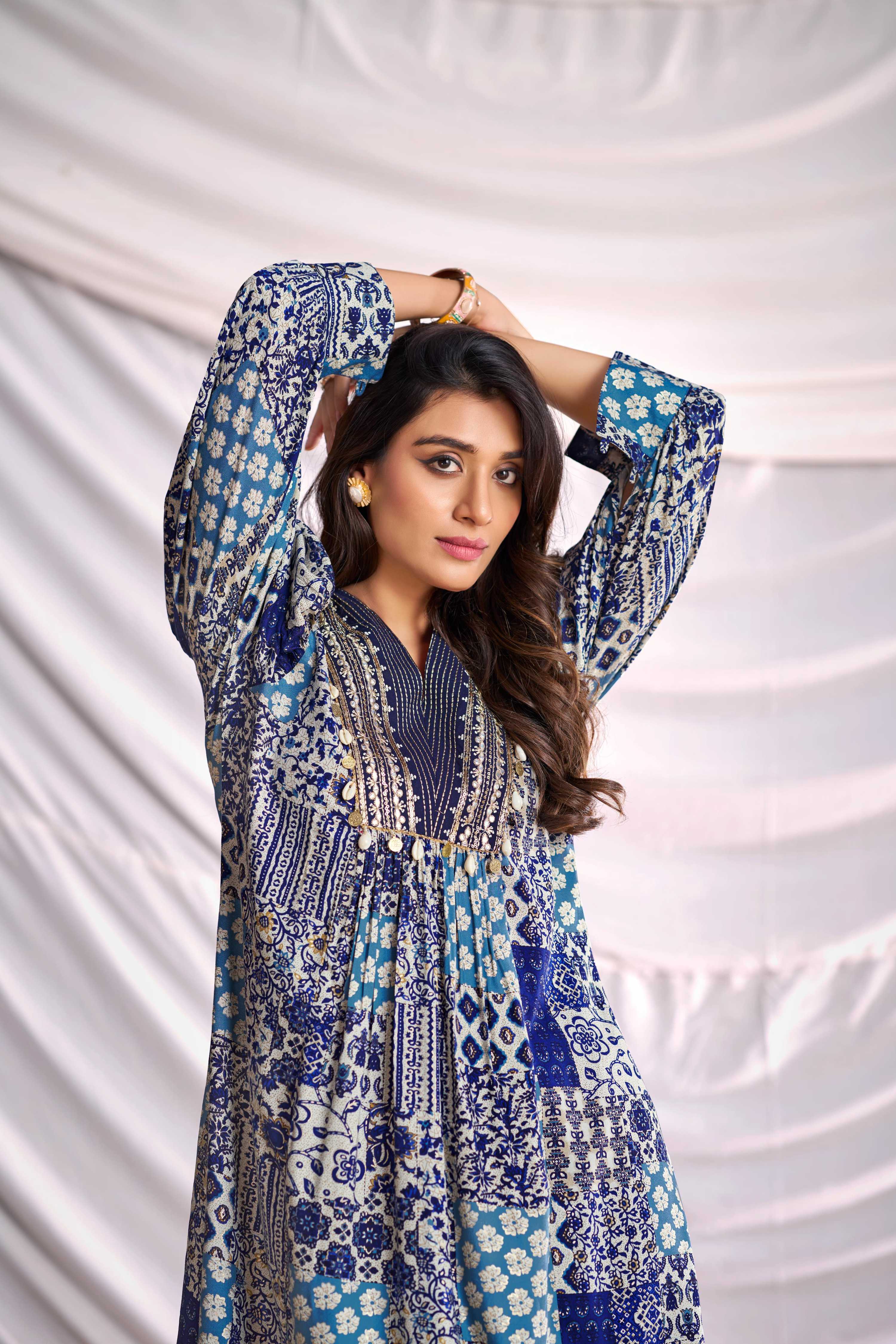 BulBul Women Blue and Cream Mixed Pattern Digital Printed Co-ord Set