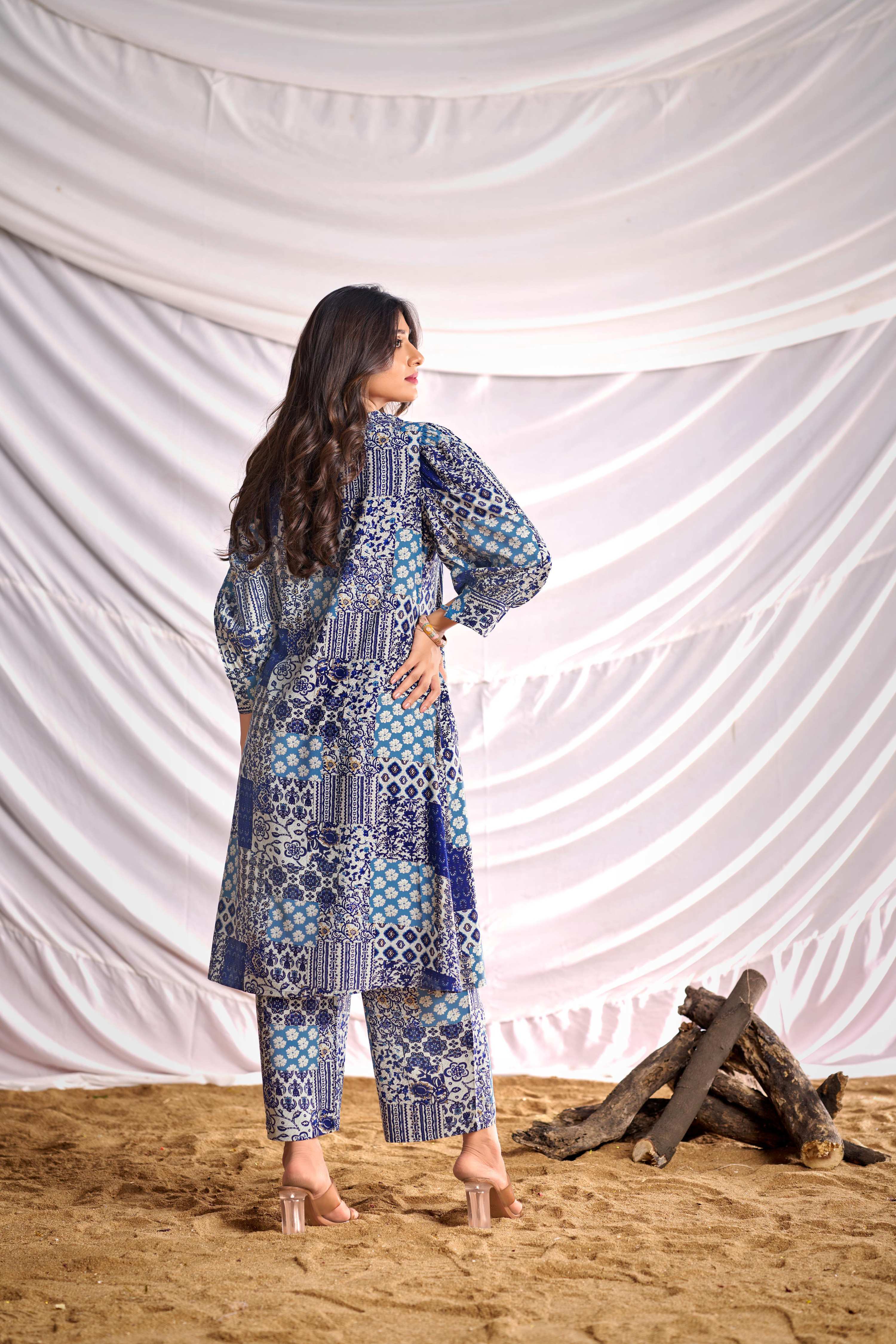 BulBul Women Blue and Cream Mixed Pattern Digital Printed Co-ord Set