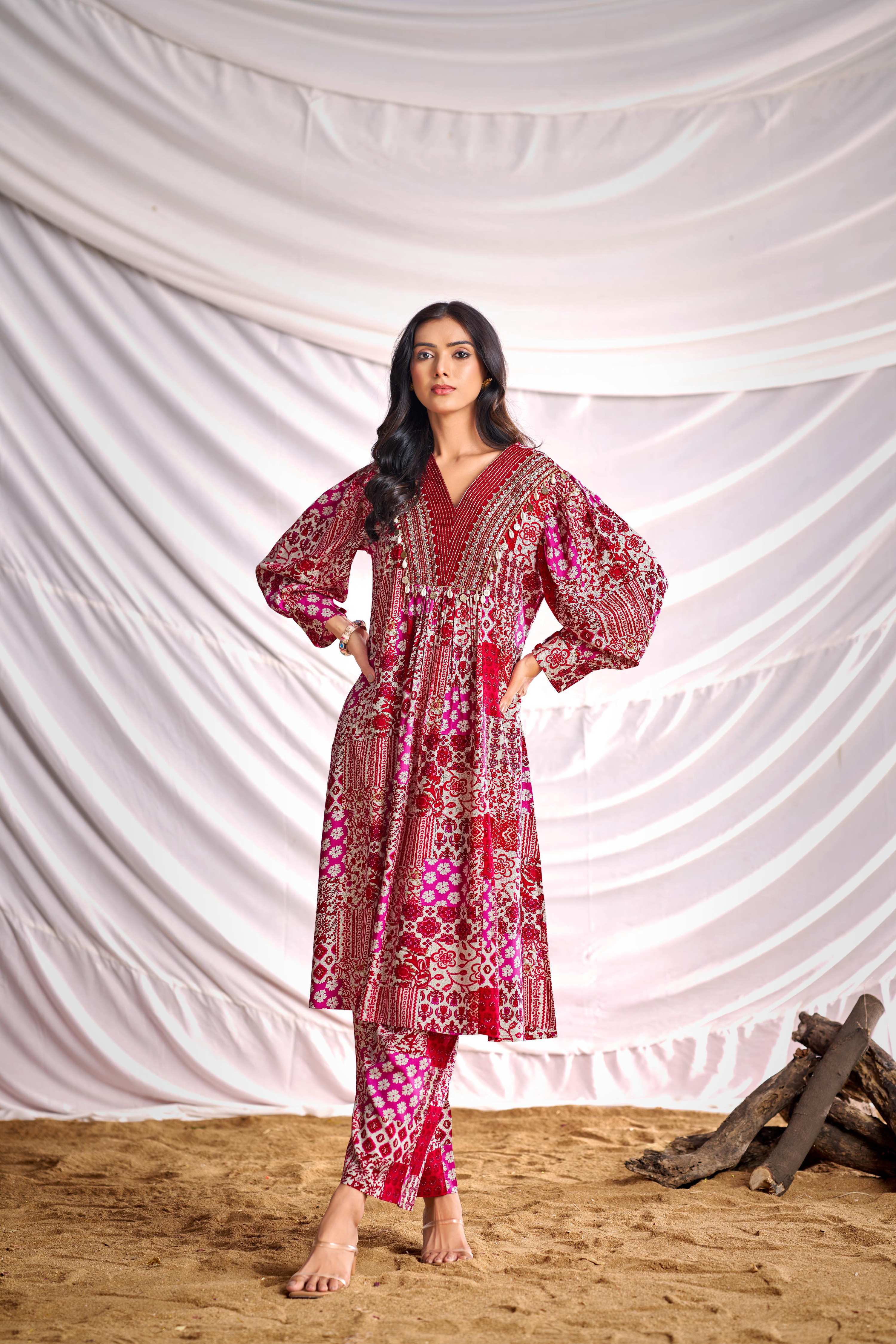 BulBul Women Red and Cream Mixed Pattern Digital Printed Co-ord Set