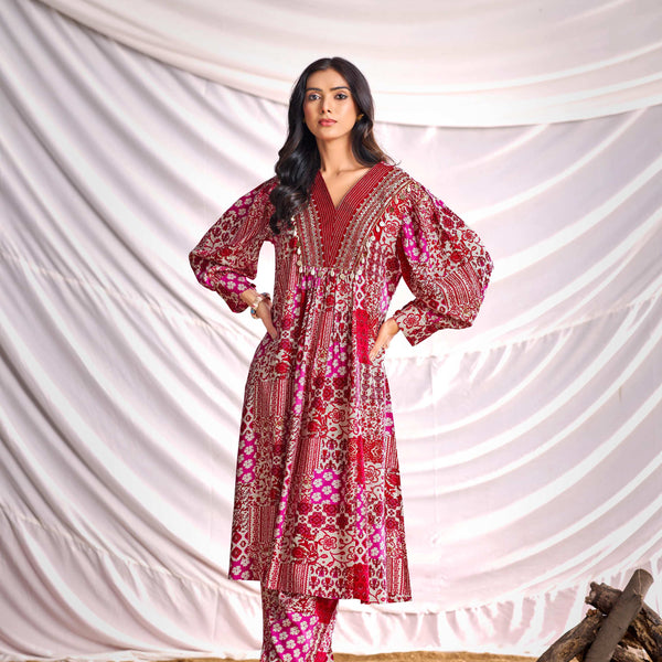 BulBul Women Red and Cream Mixed Pattern Digital Printed Co-ord Set