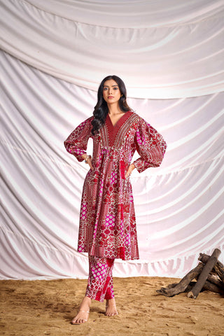 BulBul Women Red and Cream Mixed Pattern Digital Printed Co-ord Set