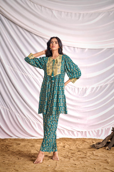 BulBul Women Blue Embroidered Paisley Printed Co-ord Set