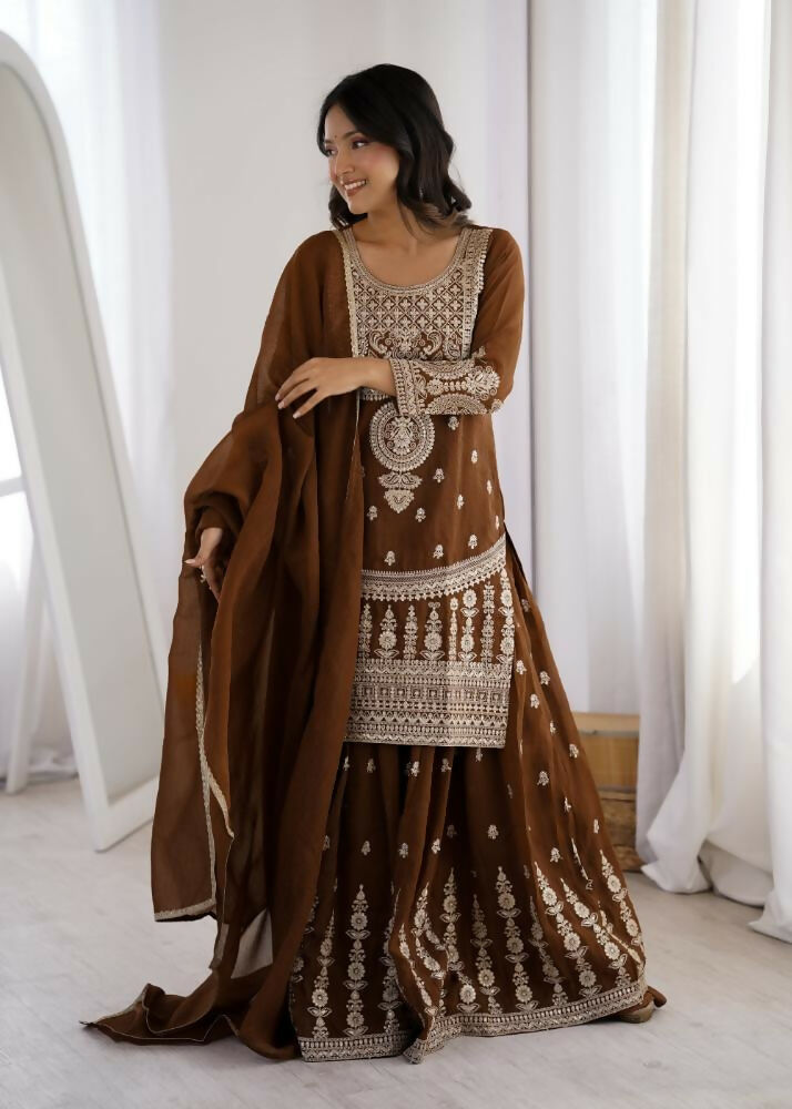 Lehenga Mart Designer Sharara Suit With Kurta, Sharara, Dupatta For Women-Brown - Distacart