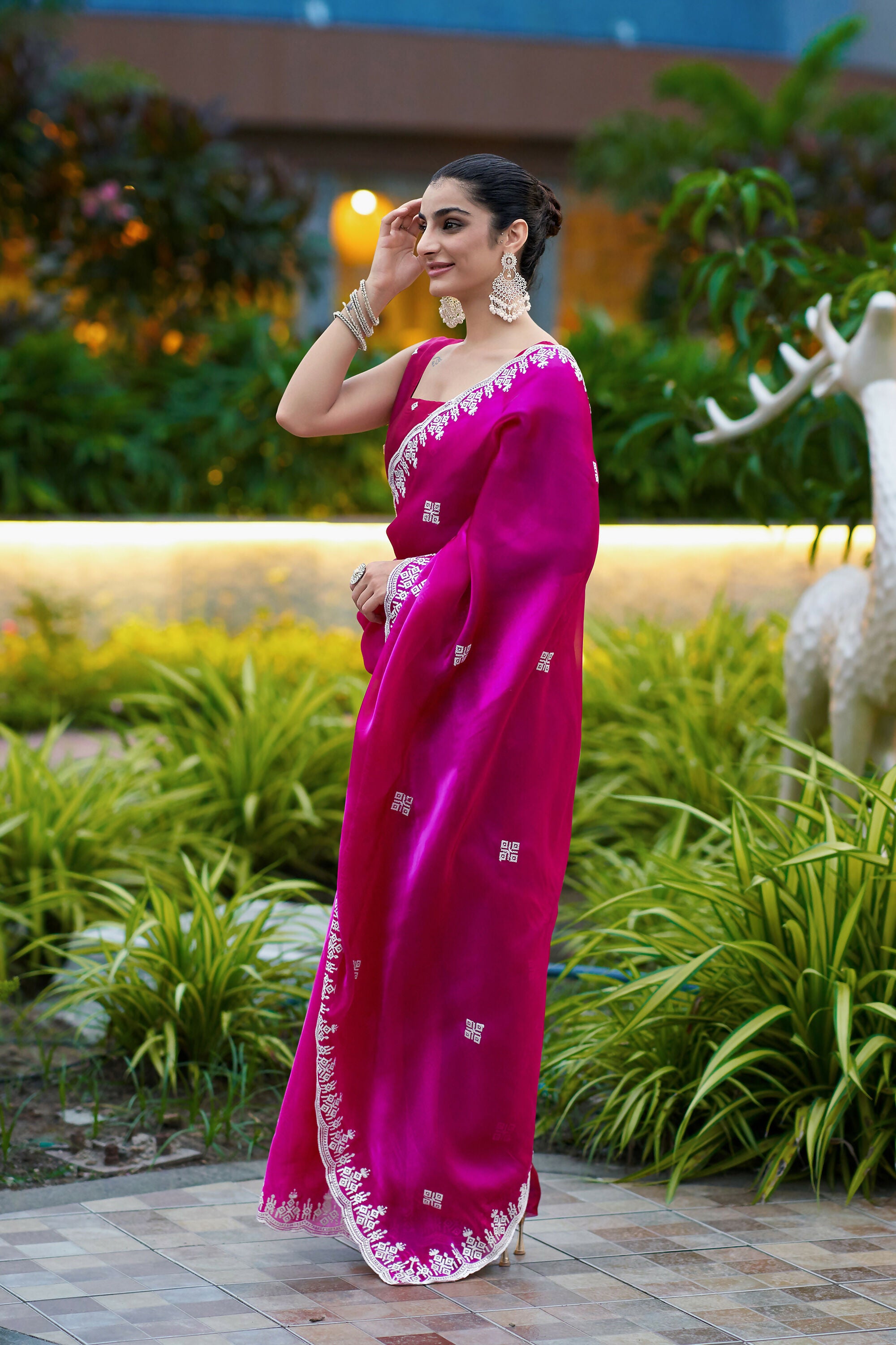 Vastranavya Pink Embroidery Work Shimmer Chiffon Saree with Unstitched Blouse