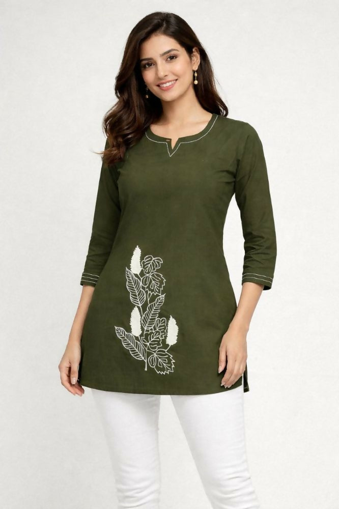 Teeya Creation Womens New Latest Cotton Mehendi Green Floral Embroidered Short Kurti - Dista