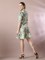 Thumbnail for Myshka Women's Green Printed Shirt Collar Fit and Flare Party Dress - Distacart