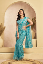 Thumbnail for Vastranavya Sky Blue Digital Printed Linen Ready To Wear Designer Saree with Unstitched Blouse - Distacart