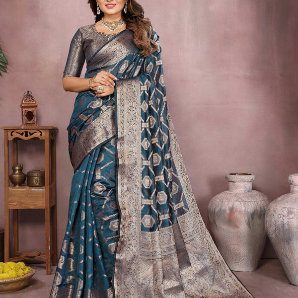 Aastha Fashion Teal Soft Organza Silk Weaving Saree - Distacart