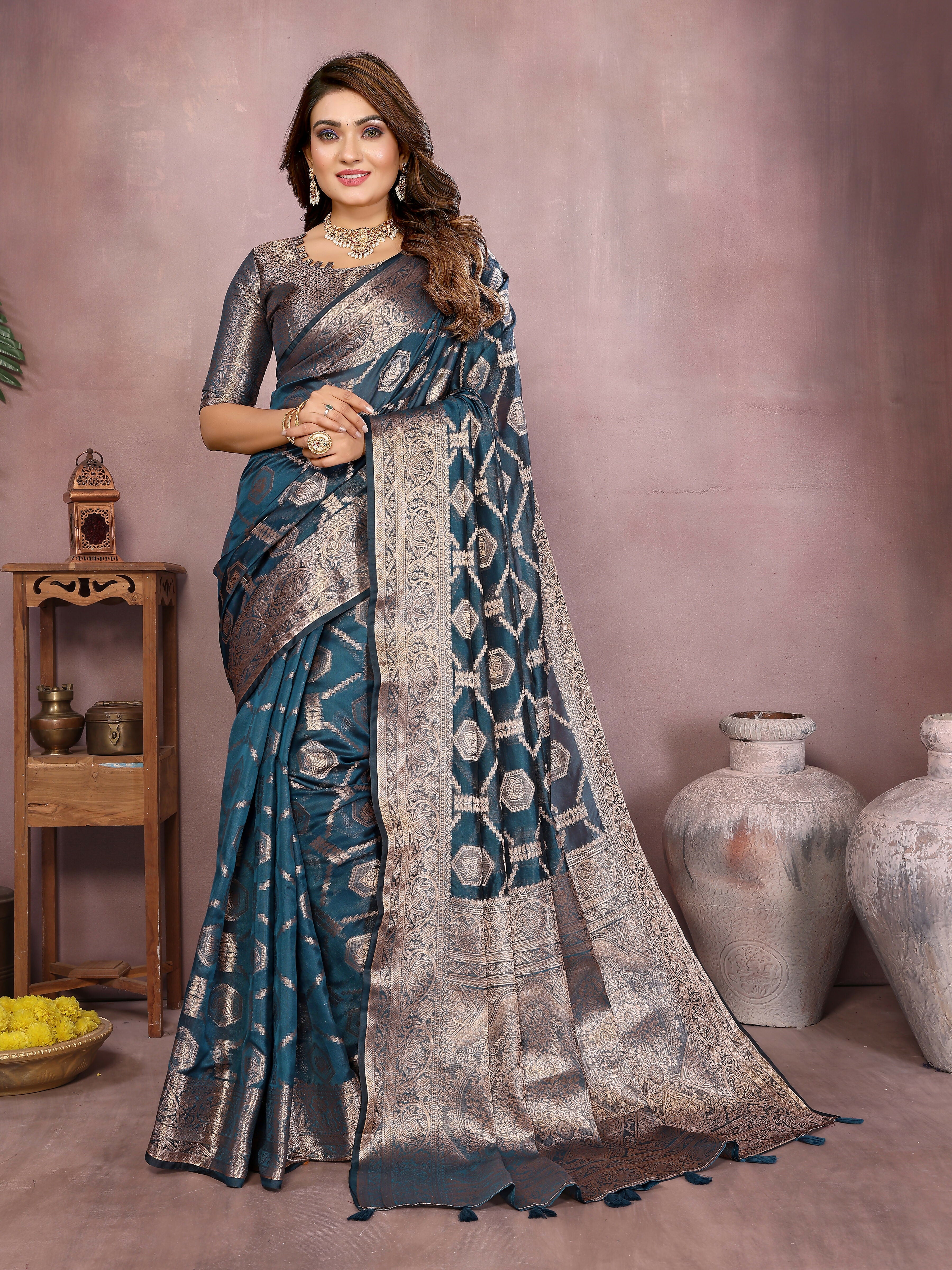 Aastha Fashion Teal Soft Organza Silk Weaving Saree - Distacart