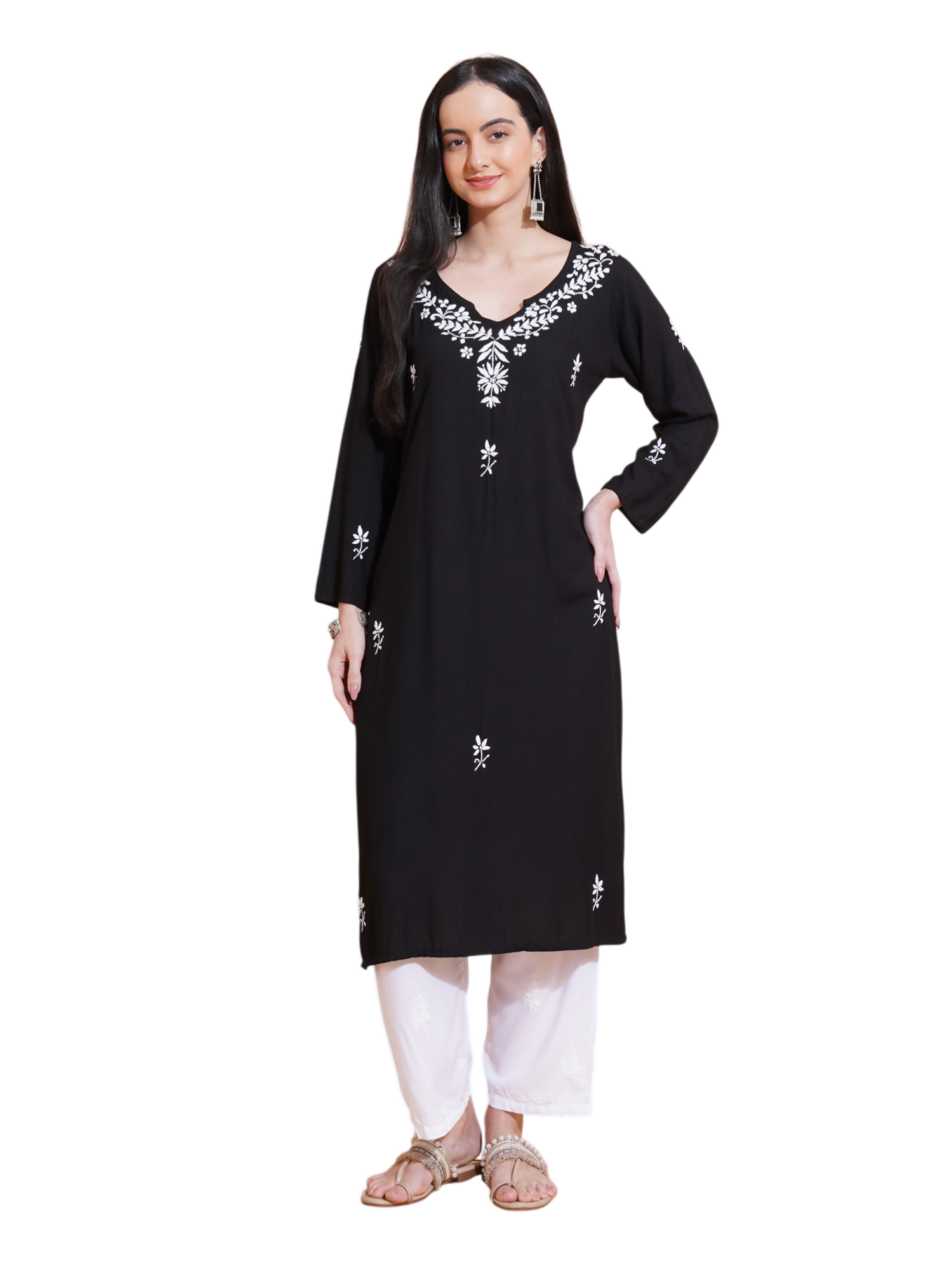Pahnaz Luxury Rayon Chikankari Long Kurti-Black - Dista