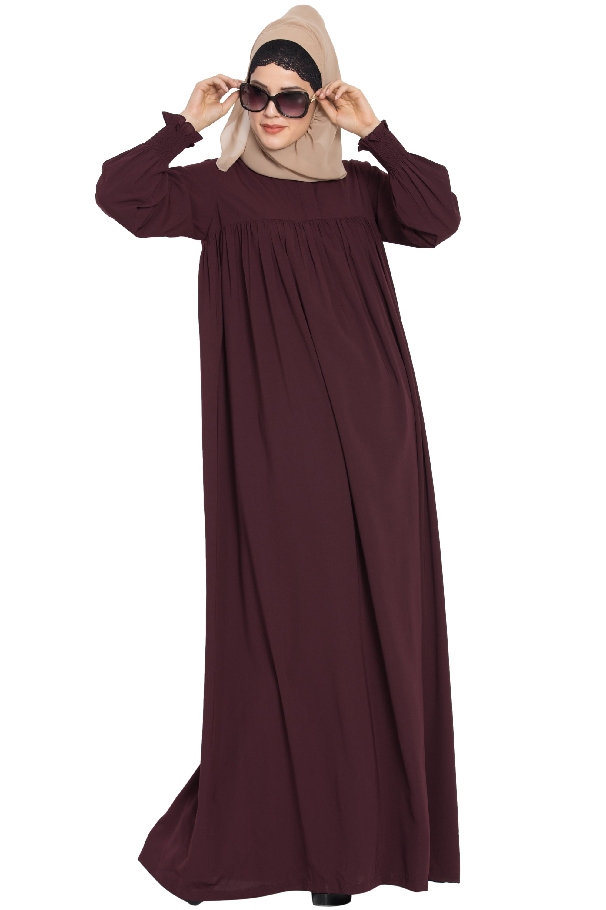 Bashariya Loose From Chest Arabian Abaya With Gather and Smocky Sleeves - Wine