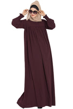 Thumbnail for Bashariya Loose From Chest Arabian Abaya With Gather and Smocky Sleeves - Wine