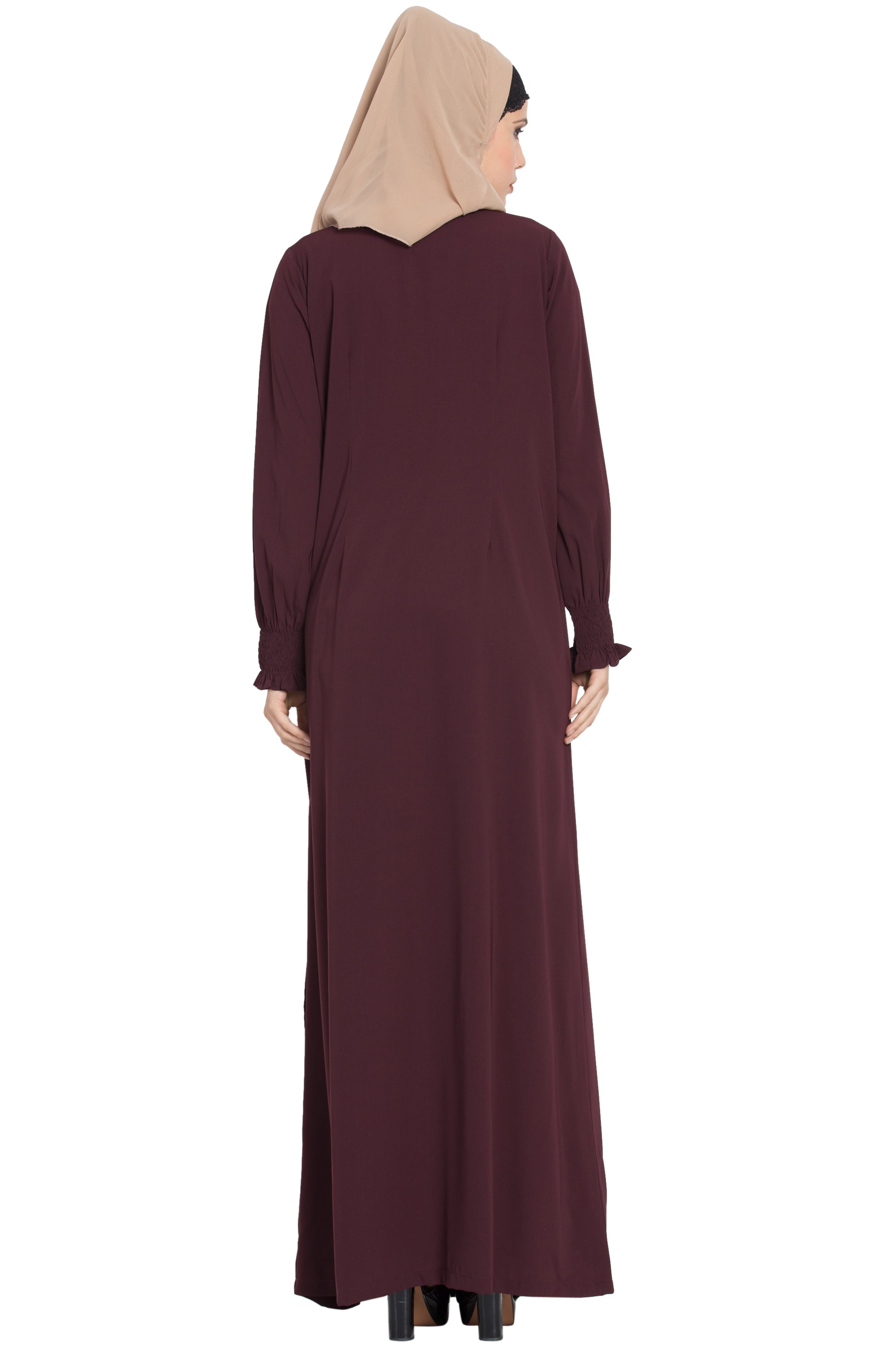 Bashariya Loose From Chest Arabian Abaya With Gather and Smocky Sleeves - Wine