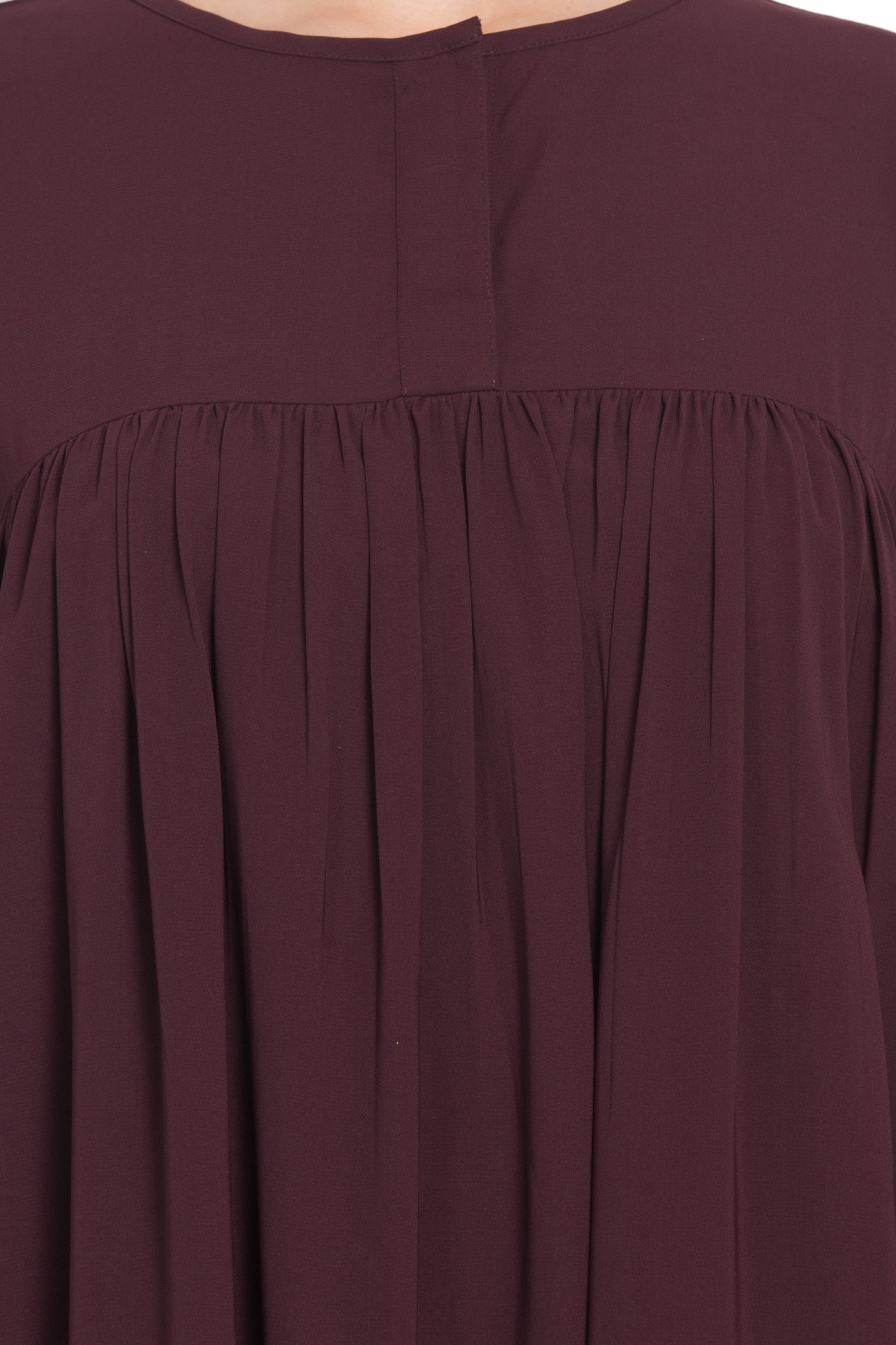 Bashariya Loose From Chest Arabian Abaya With Gather and Smocky Sleeves - Wine
