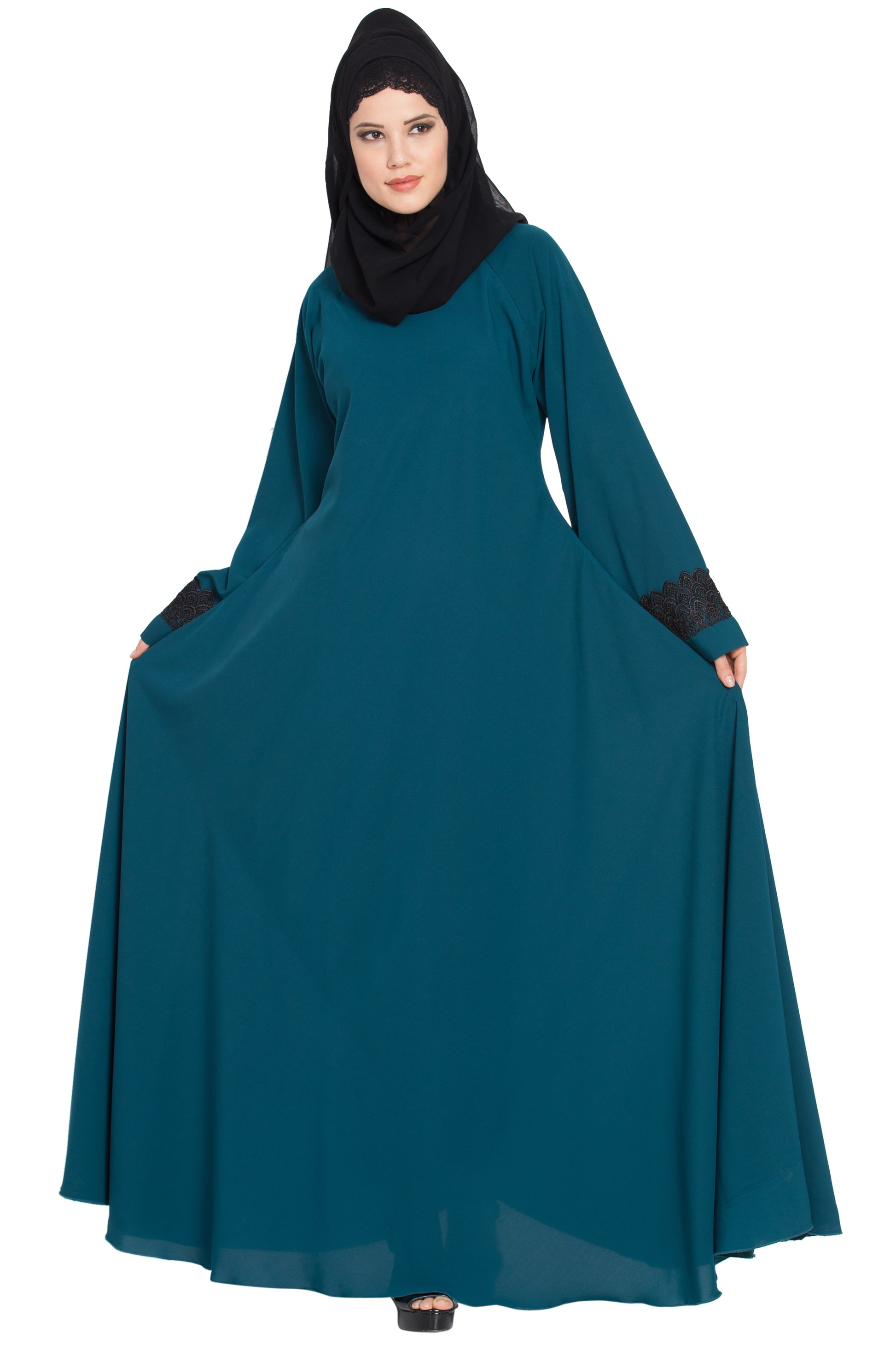Bashariya Umbrella Flare Abaya With Lacework On Sleeves - Distacart